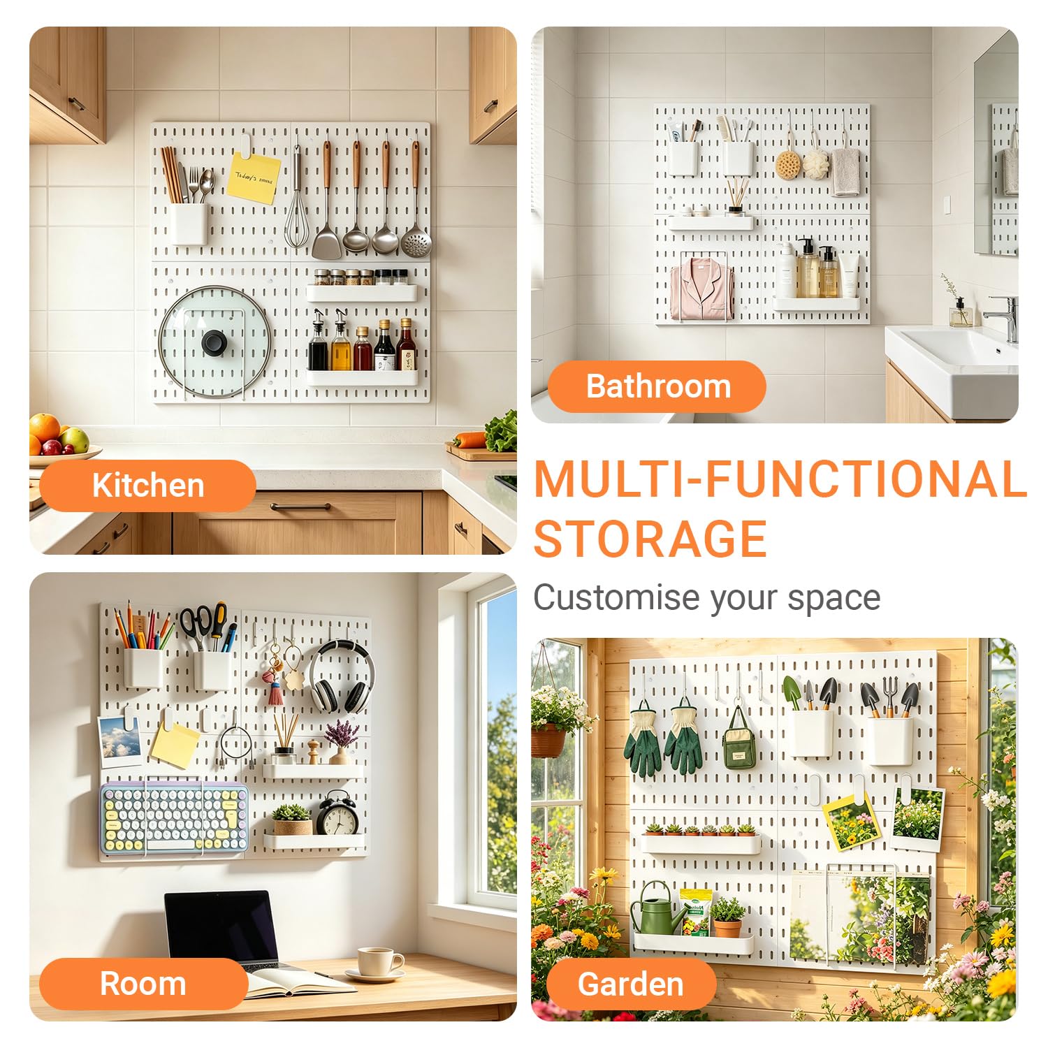 Stecktafel-Kombinationsset, Kunststoff Stecktafel Set, Werkzeugwand mit 4 Stecktafeln (28x28cm) + 36 Zubehör für Aufräumen und Organisieren, Weiß Wand Organizer für Küche, Wohnzimmer, Büro
