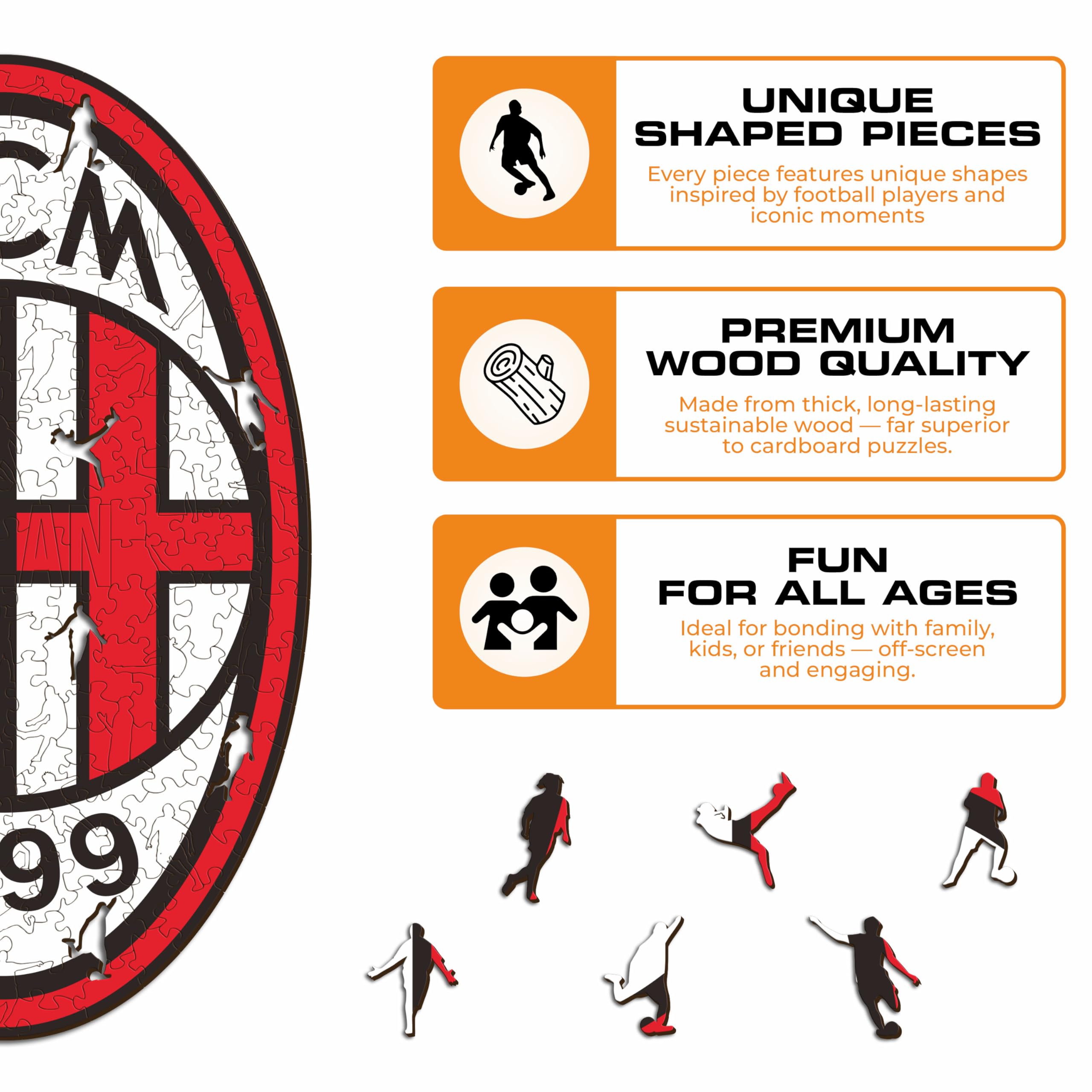 Iconic Puzzles - Logo Milan, oficjalnie licencjonowane, w 100% trwałe, drewniane puzzle dla dorosłych i dzieci, rozmiar S, 150 szt