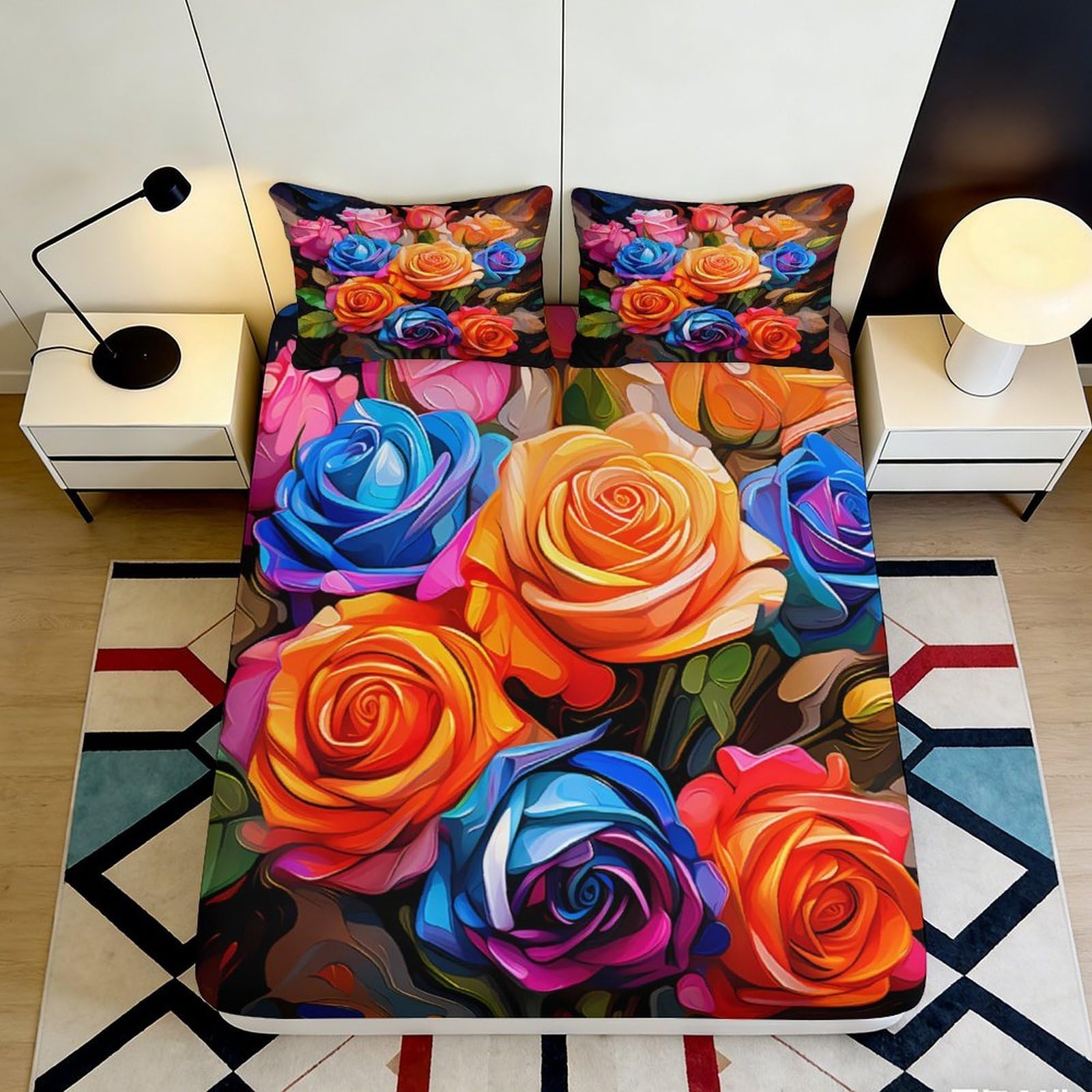 3D Printed Colorful Rose Fitted Sheet Microfiber Soft Floral Rainbow Mattress Cover for Bedroom Dorm Decor Protection 90x200x25cm
