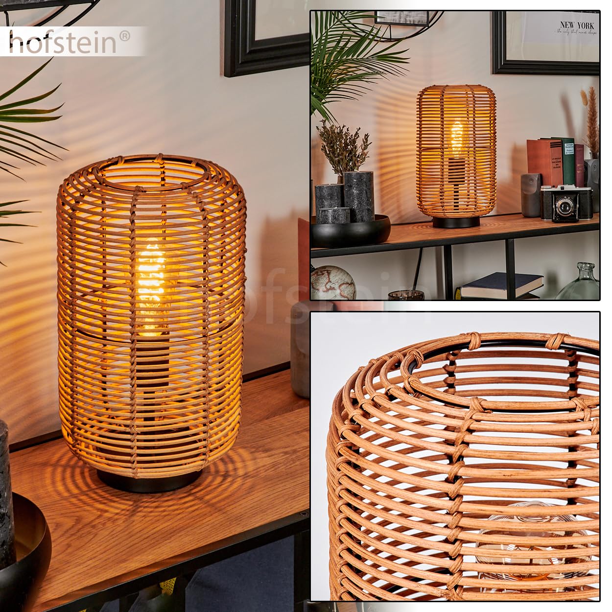Tischleuchte Mulstrand, moderne Boho Tischlampe aus Metall/Rattan in Schwarz/Natur, Nachttischlampe mit Schirm in Gitter-Optik, An-/Ausschalter am Kabel und Lichteffekt, 1 x E27, ohne Leuchtmittel