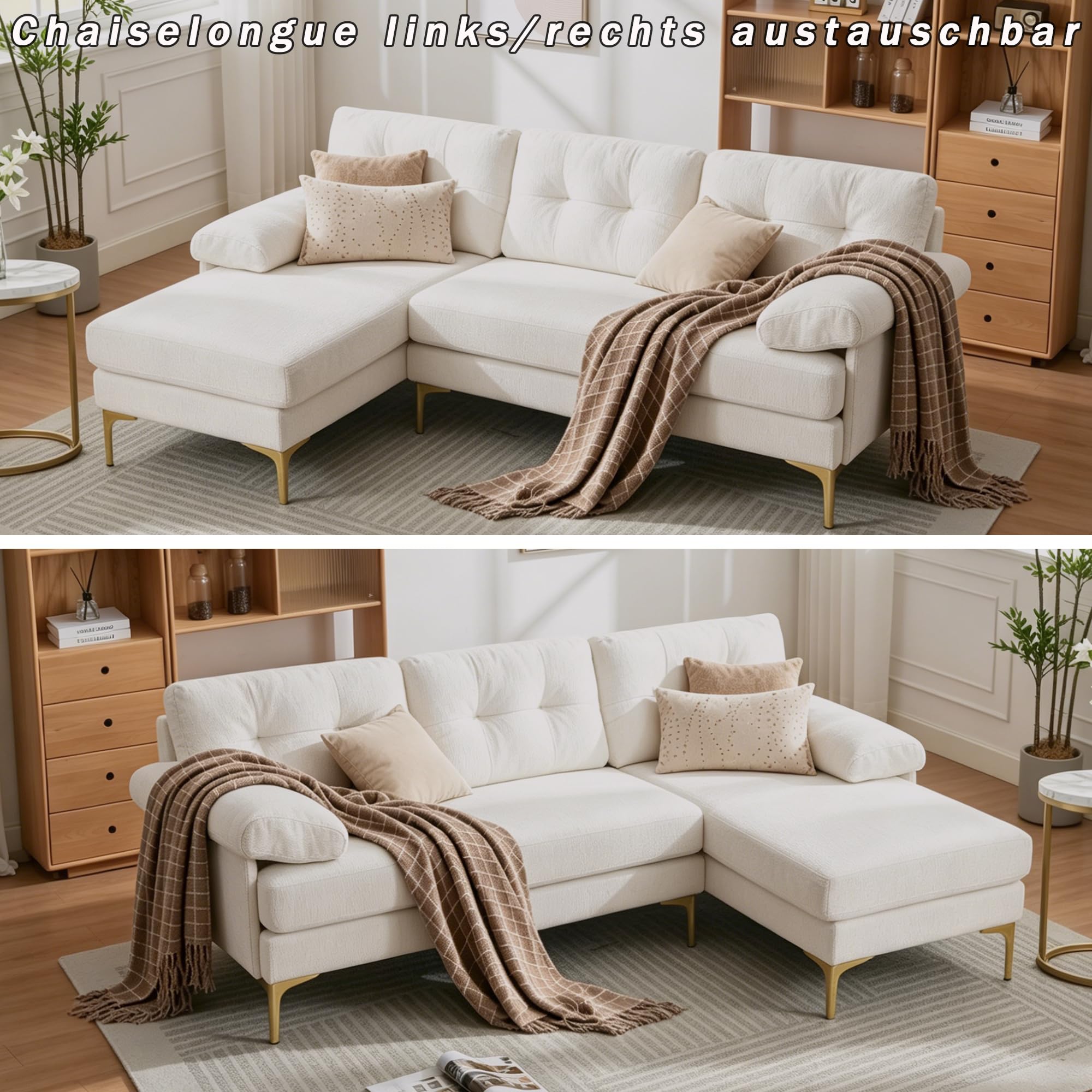 Divano angolare con funzione letto, 187,5 cm, divano a forma di L con funzione letto, divano a 3 posti, funzione reclinabile, tessuto di ciniglia, braccioli imbottiti, per soggiorno, beige