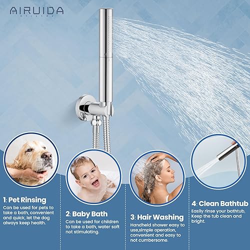 Miniatura 50 de Airuida Juego de sistema de ducha redondo con boquilla de bañera, montaje en pared, juego de grifo de ducha de lluvia de 3 funciones, 2 funciones