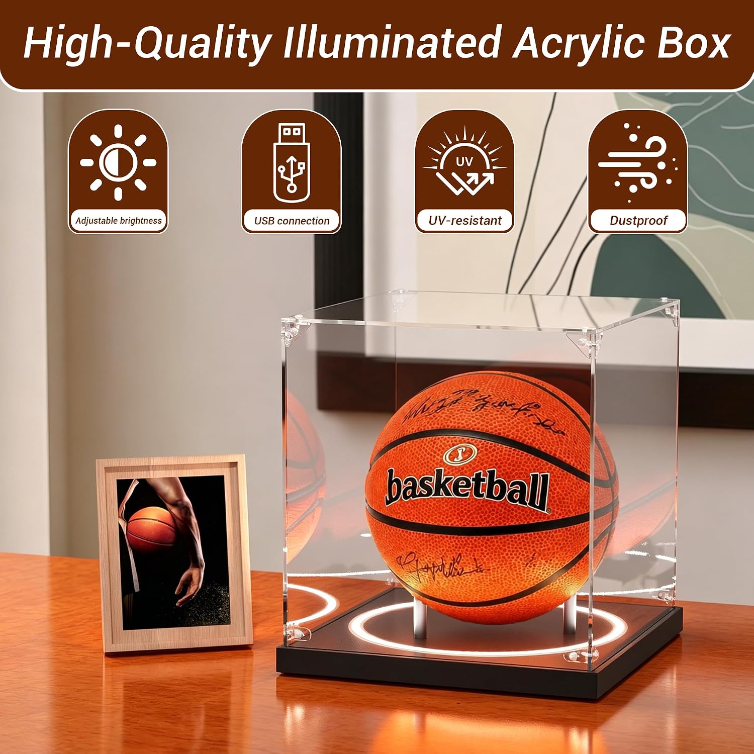 Basketball Display Case with Light, UV Protected Basketball Stand Box Full Size for Basketball Fans & Collectors, Sports Collectibles, Applicable to Standard NBA WNBA Ball Memorabilia Gifts
