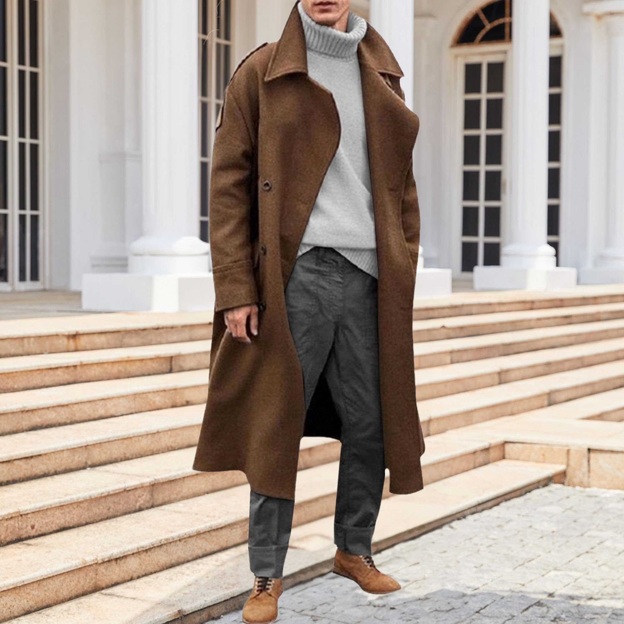 Trench lungo da uomo, monopetto, cappotto invernale da uomo, lunghezza al ginocchio, giacca calda, soprabito vintage con intaglio