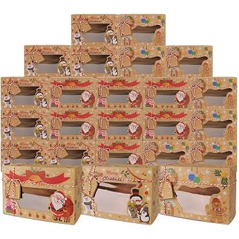 Pack of 24 Christmas Biscuit Boxes with PVC Window Kraft Paper Gift Boxes Chocolate Boxes DIY Biscuit Boxes with Gift Tags for Holidays 3 Styles 22 x 15 x 7 cm