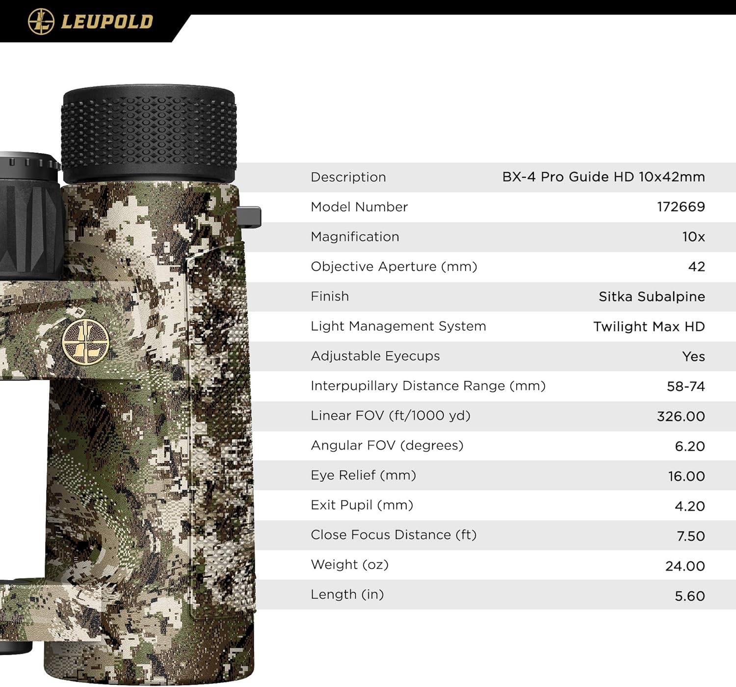 Leupold BX-4 Pro Guide HD 10x42mm Binocular