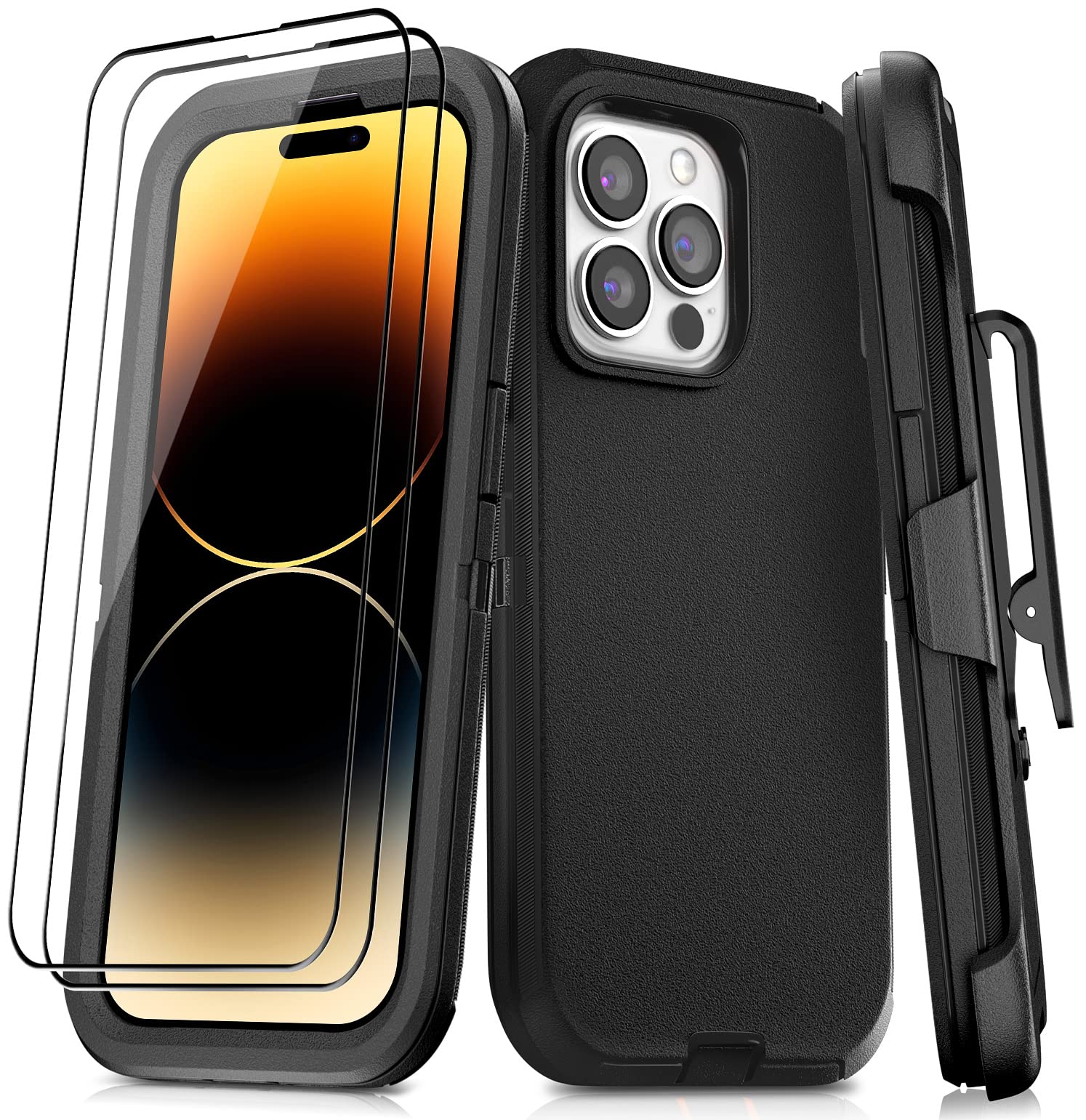 JGS for iPhone 14 Pro Case 6.1", Military Grade 3 in 1 Heavy Duty Shockproof/Drop Proof Case with 2 PCS Tempered Glass Screen Protector, Includes Holster Clip Kickstand (Black)