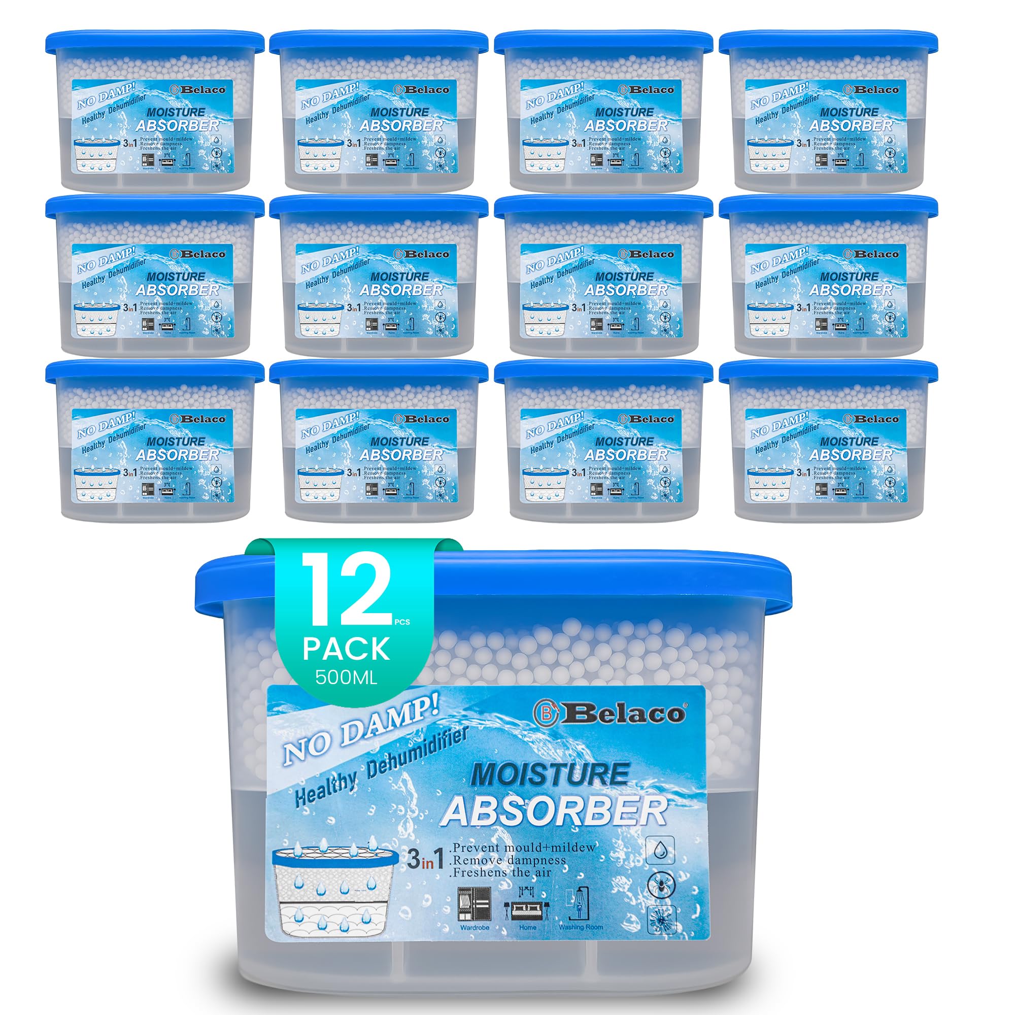 Belaco Dehumidifier Pack Prevent Mould & Mildew, Eliminating Musty Odor, Remove Dampness, Absorb Excess Mositure in Home, Kitchen, Bathroom, Bedroom, Wardrobe, Caravan, Office, Basement (Pack of 12)