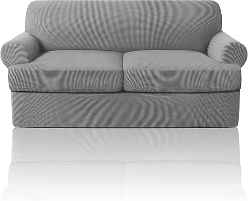 PrinceDeco Funda de sofá de 3 piezas con cojín en forma de T, fundas de sofá elásticas para sofá de 2 cojines con 2 fundas de asiento individuales