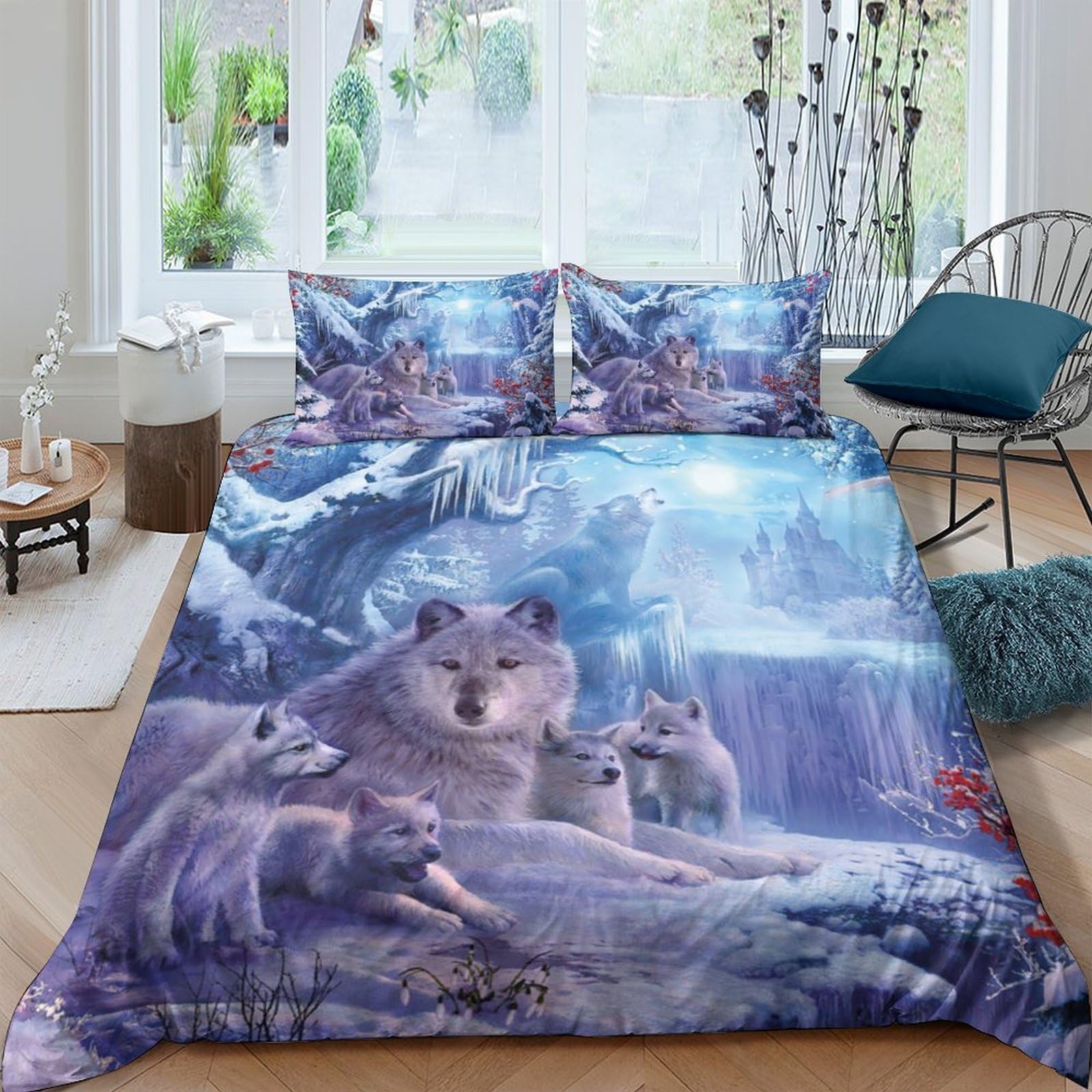 GPLZQXKJNH 3D Printed Wolf Forest Duvet Cover Microfiber Soft Blue Animal Bedding Set with 2 Pillowcases for Bedroom Decor Single（135x200cm）