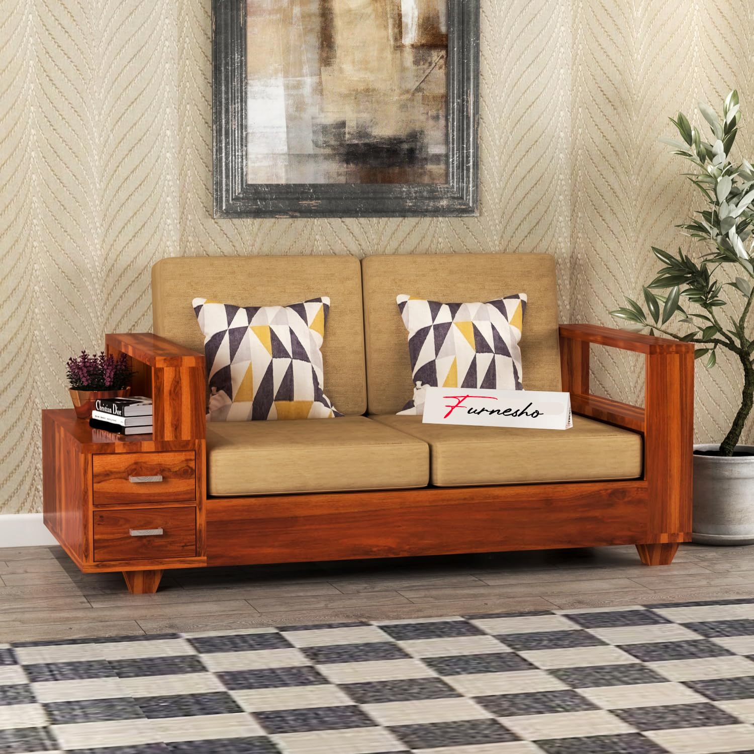 FURNESHO Sheesham Wood 2 Seater Sofa Set with 2 Drawer Wooden Sofa Set with 40 Density Cushions for Living Room Home Office (Honey Finish,Beige Cushion)-image-39