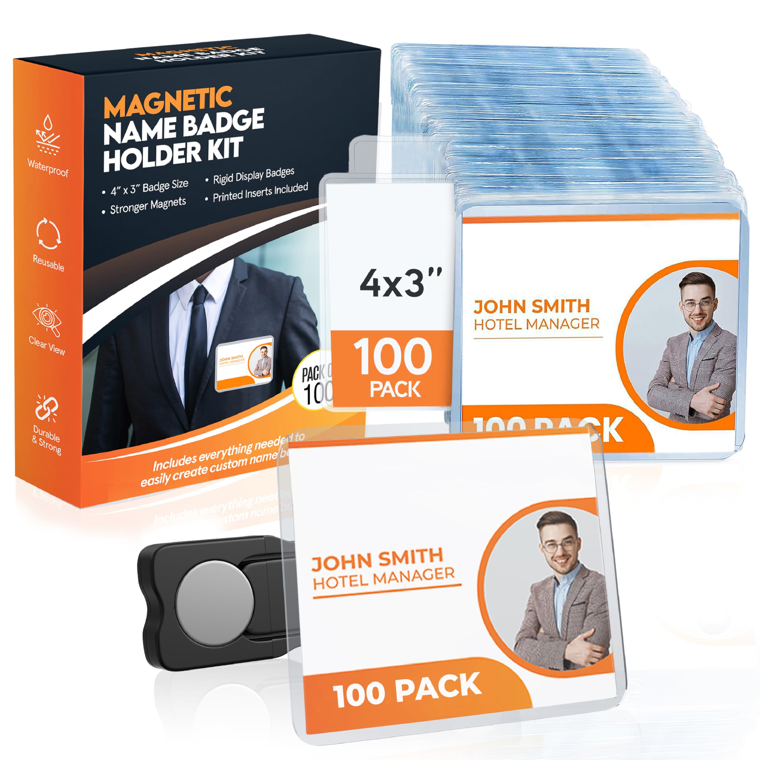 100 Pack of 4x3 Magnetic Name Badge Holders (White Printable Inserts Included) Customizable Magnetic Name Tags for Office, Conventions, School, and Events - Durable and Clear Plastic Name Tag Holder