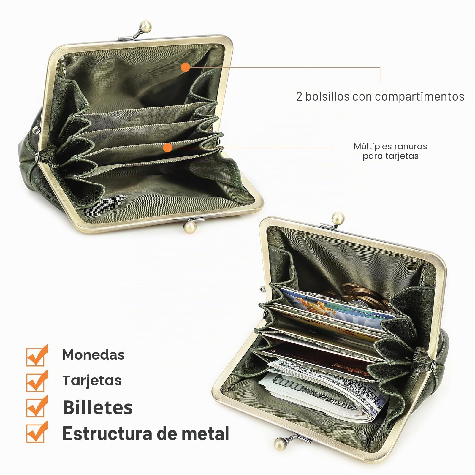 CONTACTS Cartera de beso con cierre de presión de cuero para mujeres Damas Vintage Porta tarjetas pequeño y lindo Monedero de cambio, verde oscuro, Estilo vintage