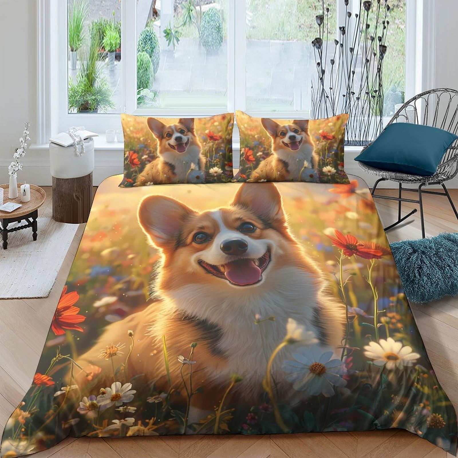 Ctjqhvkz Style-5 3D Printed Corgi Meadow Fitted Sheet Microfiber Soft Anti-Slip Bed Cover For Bedroom Guest Room Easy Care Decor Single（135X200cm）