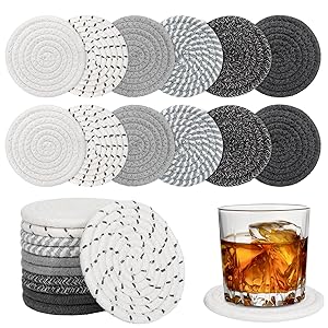 BUEDM 12 Pcs Boho Drink Coasters,Minimalist Cotton Handmade Woven Absorbent Drink Coasters,Heat Resistant Cotton Coasters for Coffee Table, Kitchen, Home Decoration