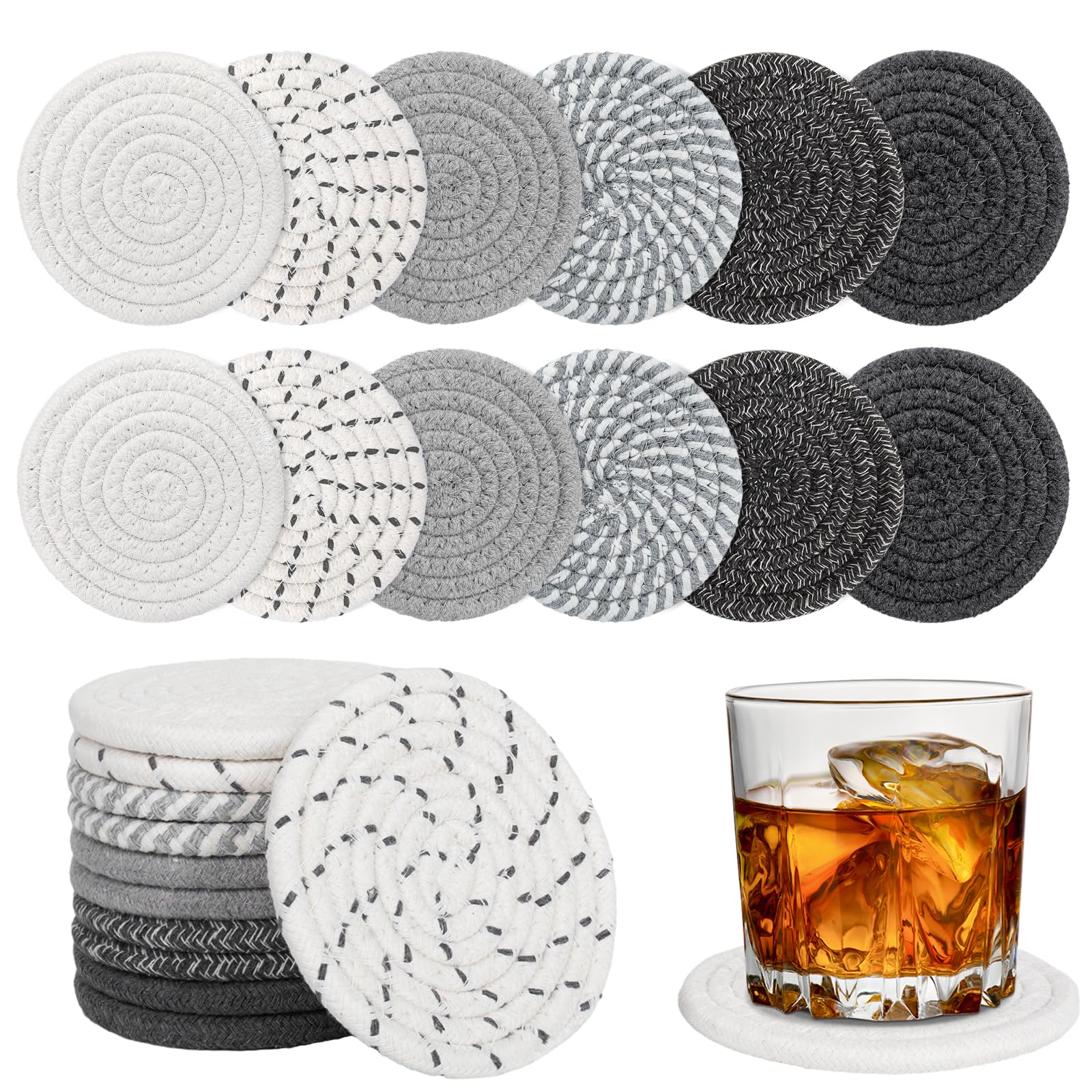 12 Pcs Boho Drink Coasters,Minimalist Cotton Handmade Woven Absorbent Drink Coasters,Heat Resistant Cotton Coasters for Coffee Table, Kitchen, Home Decoration