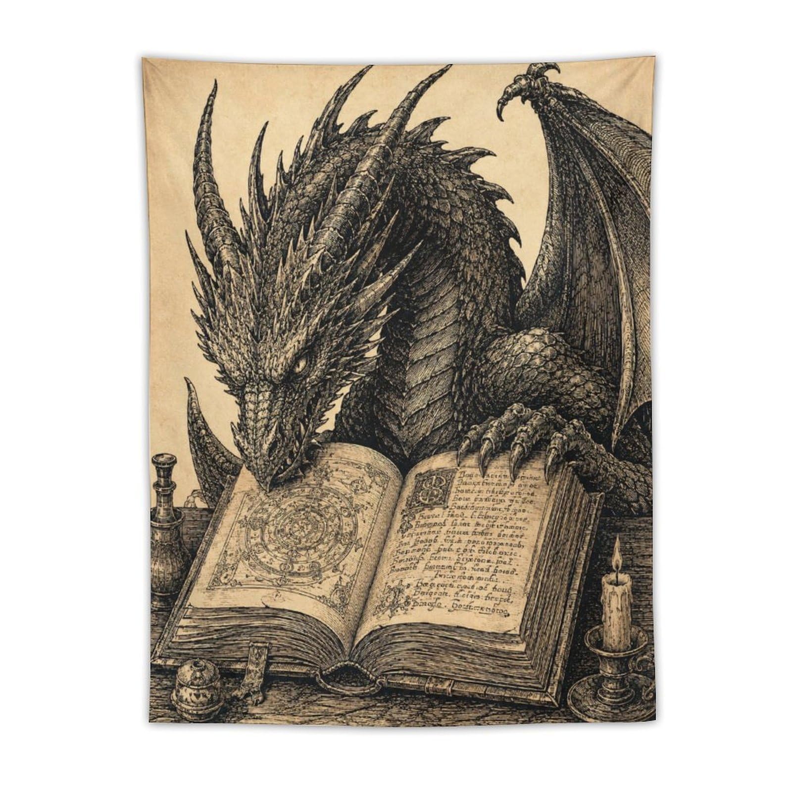 H3B8U2Y5 Dragon Reading Book Wall Tapestry, Surrealist, Fantasy Creature