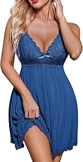 Women Nightgown Sexy Sleepwear Lace Chemise V-neck Modal Babydoll Lounge Dress