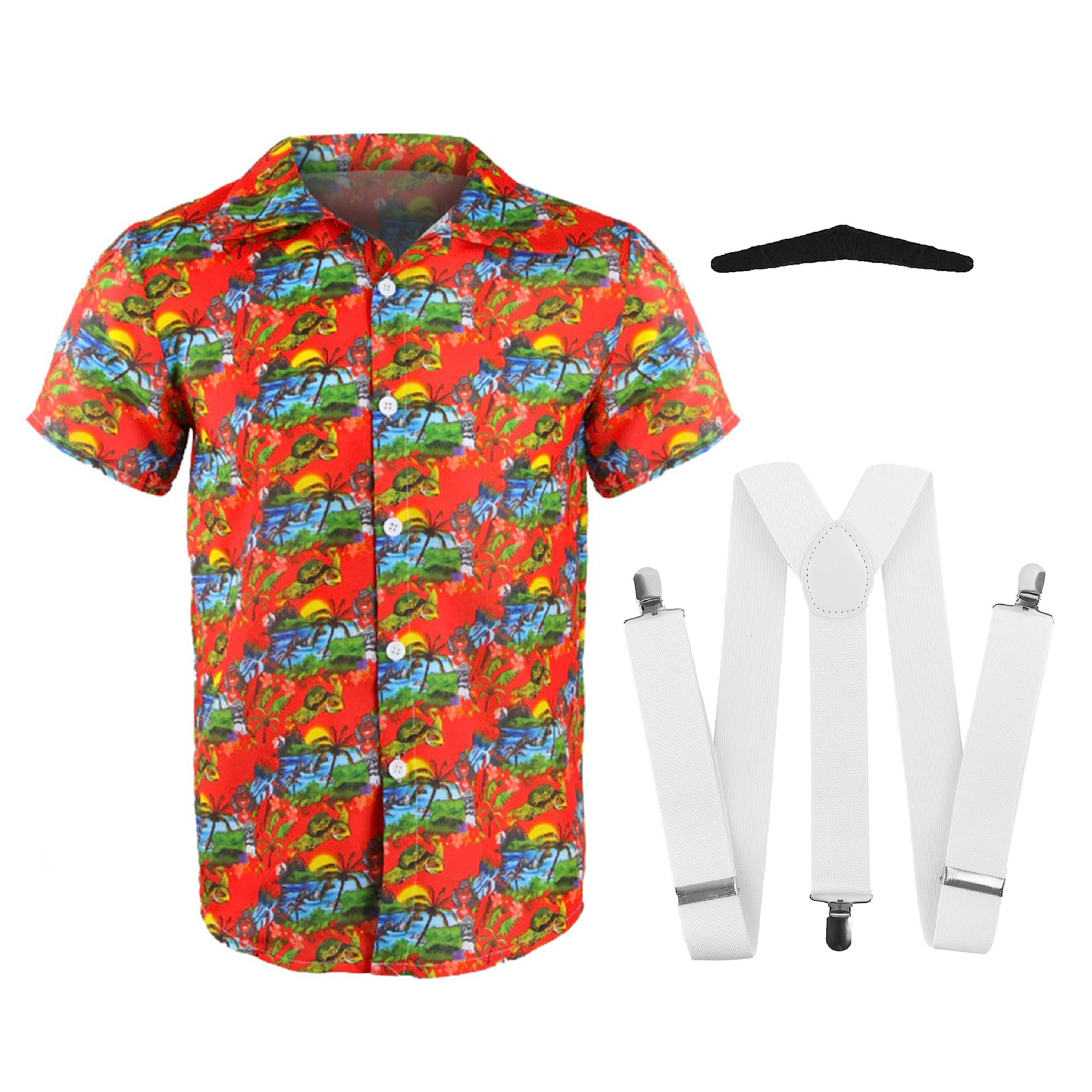 Adults Red Comedy Brothers Costume - Red Shirt with Hawaiian Print, Black Moustache, and White Braces - Perfect for Couples/Duo Dress Up, Funny Fancy Dress Parties and Other Fancy Dress Events