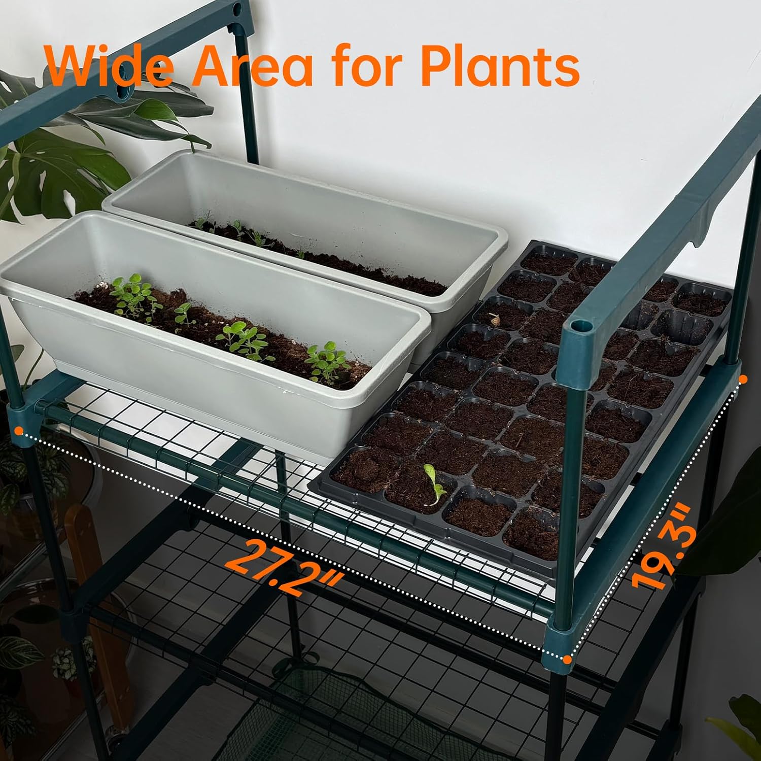 Indoor Greenhouse with Grow Lights, PVC Tent with Waterproof Base Mat, Airflow Windows&Zippered Door, 4Pcs Grow Lights for Seed Starting with Timer, 4-Tier Greenhouse Shelf 27.2x19.3x61.8in