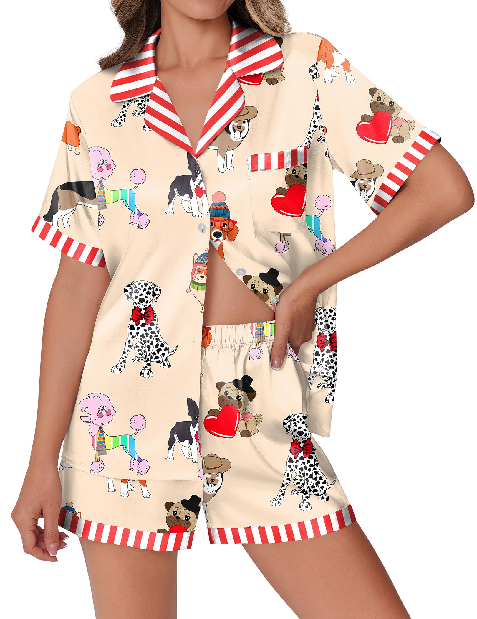 Ekouaer Womens Silk Satin Pajamas Set Animals Print Pjs Button Down Short Sleeve Lounge Set 2 Piece Sleepwear