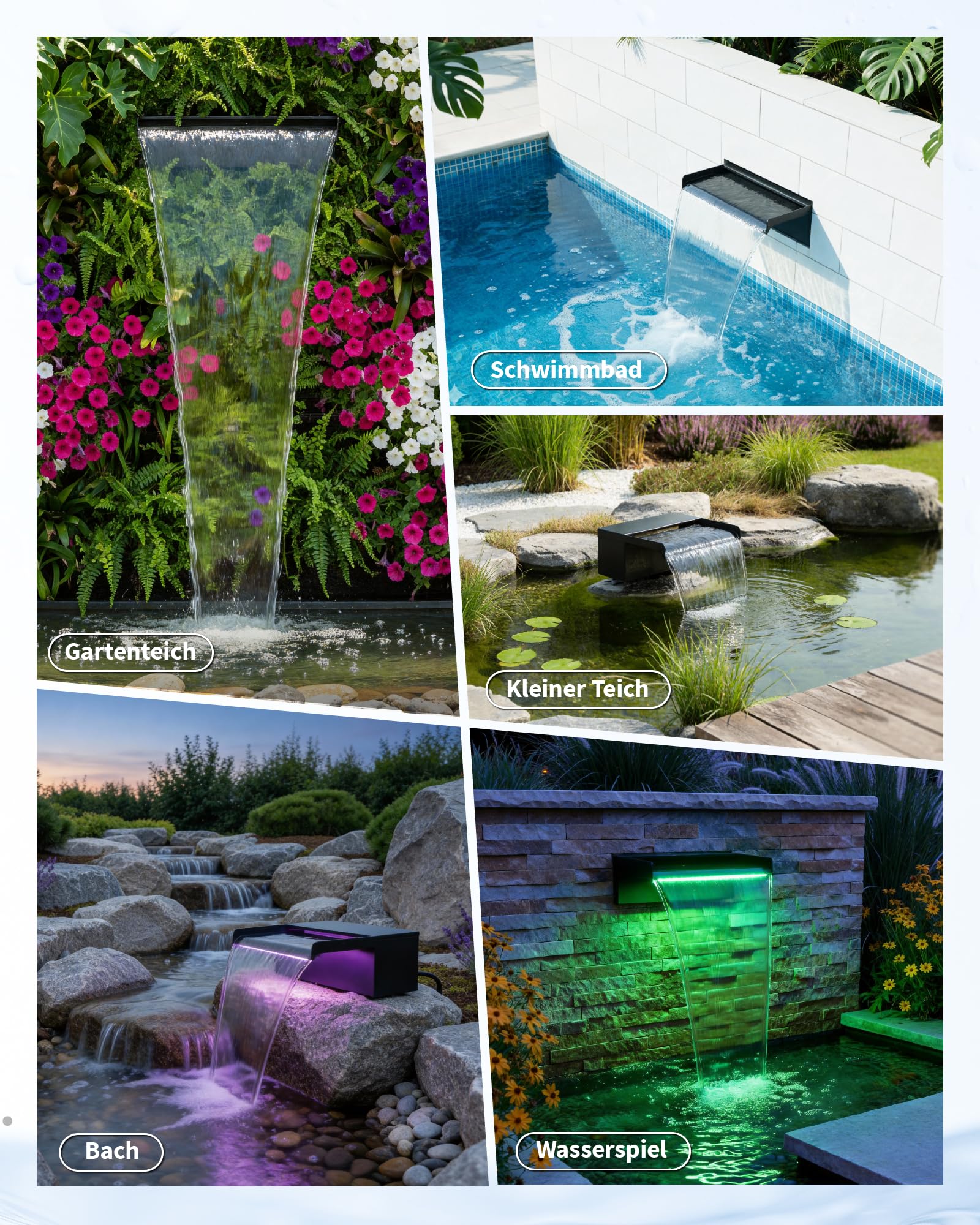 POPOSOAP Cascada de estanque de 20 cm de ancho, caja de cascada de acero inoxidable con bomba de estanque de 2500 L/H, cadena de luces LED de cambio de color controlada por control remoto, juego de
