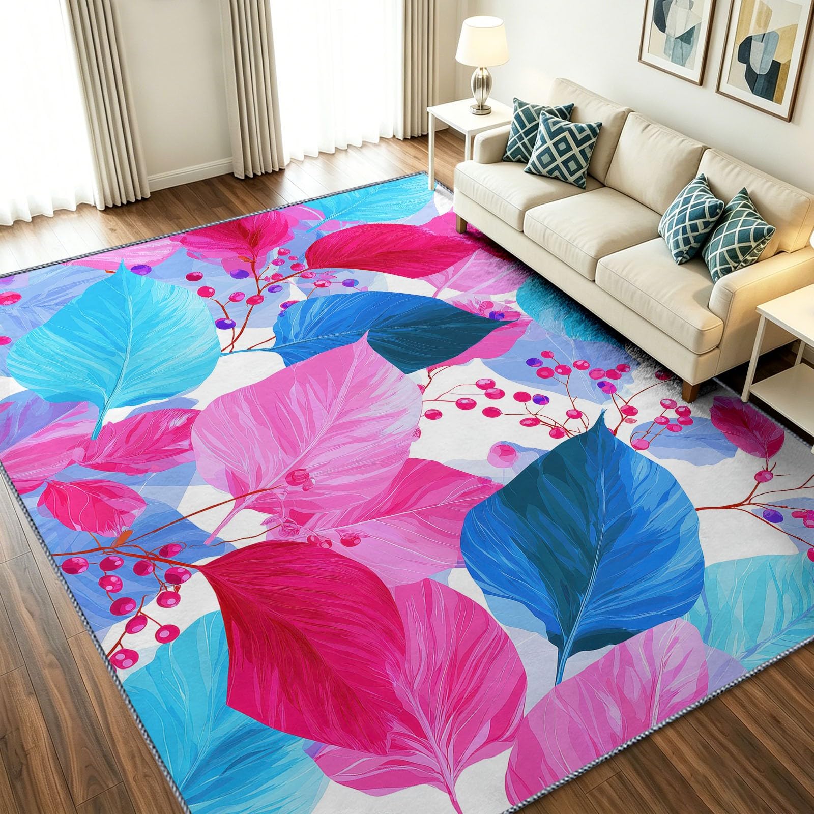 Alfombra botánica tropical para transformar el dormitorio en un espacio relajante y suave