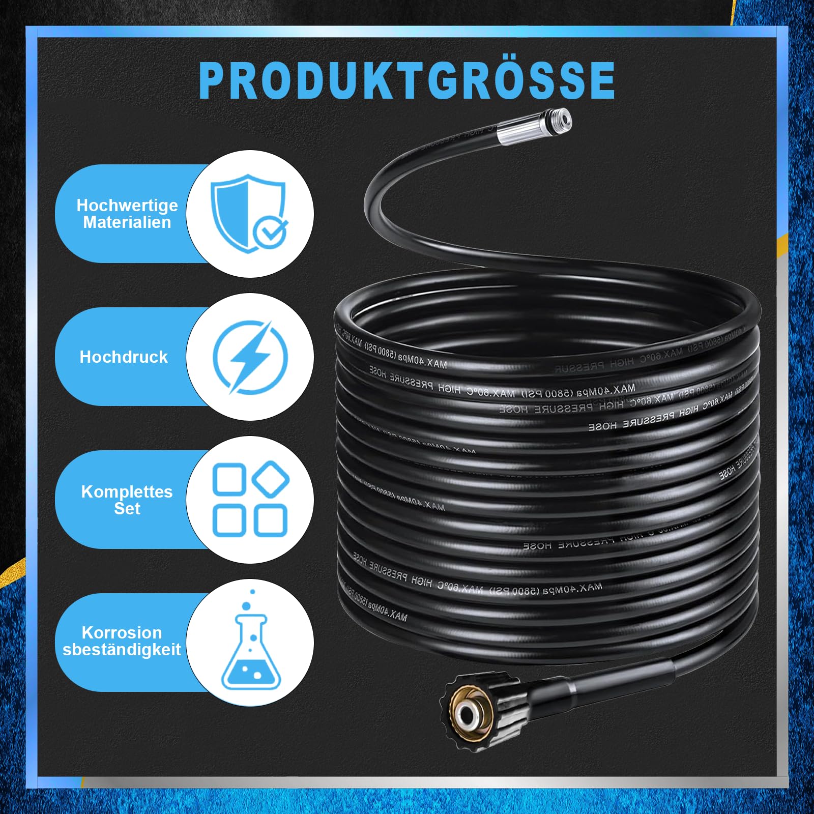 Rohrreinigungsschlauch Set 30m, 5800 PSI / 400 bar, mit Adapter und Düsen