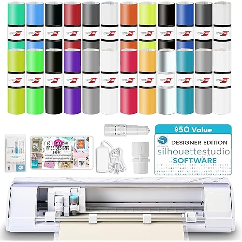 Silhouette America Cameo 5 Alpha (α) - Smart Cutting Machine, Bianco Carrara (Starter Bundle) - Includes Studio Software, 24 Oracal Vinyl Rolls, Tool Kit & 25 Free Designs for DIY - ES Mat Compatible