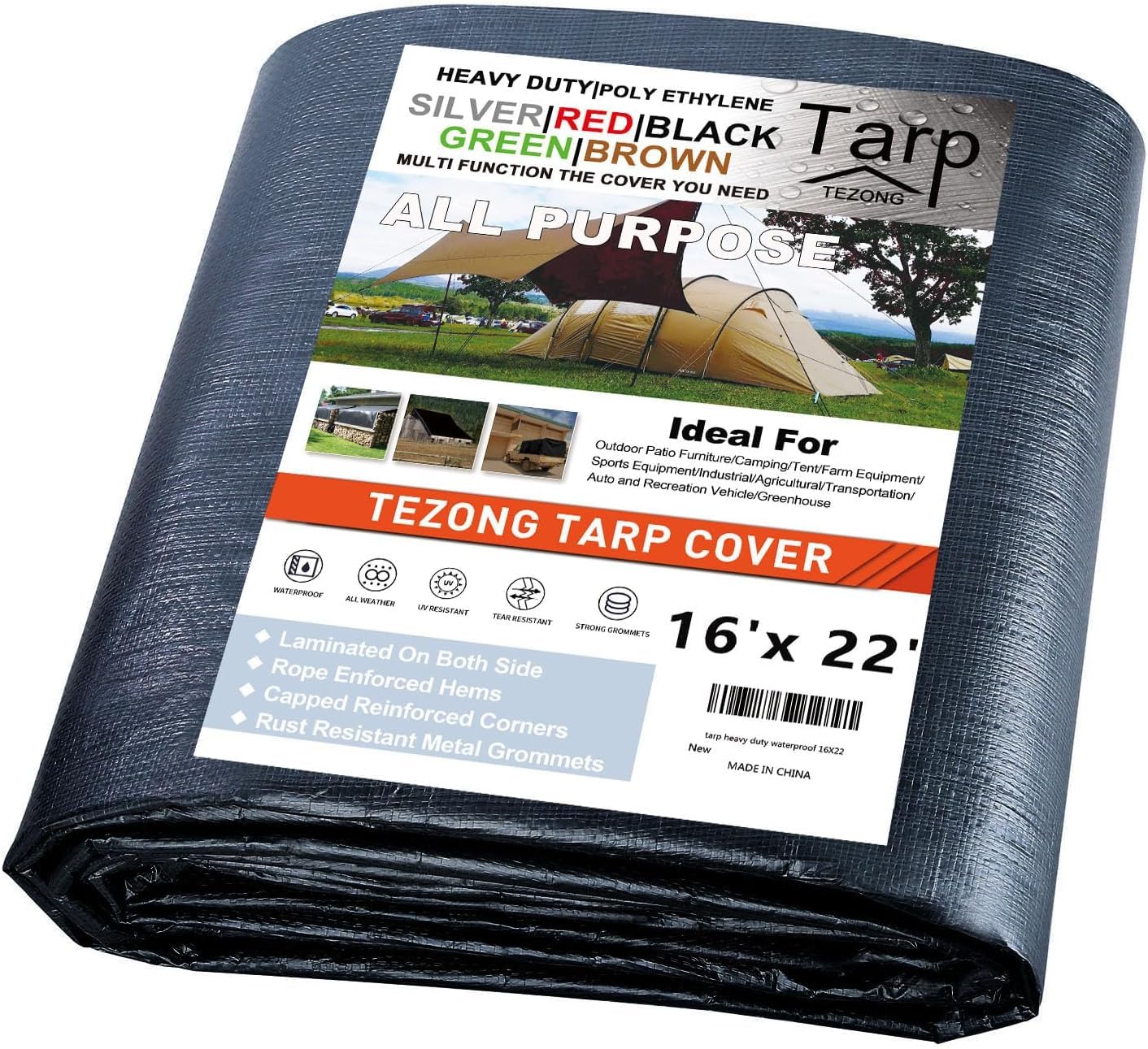 Photo 1 of TEZONG 16x22Ft Tarp Waterproof,Black Poly Tarpaulin 12Mil Plastic Cover