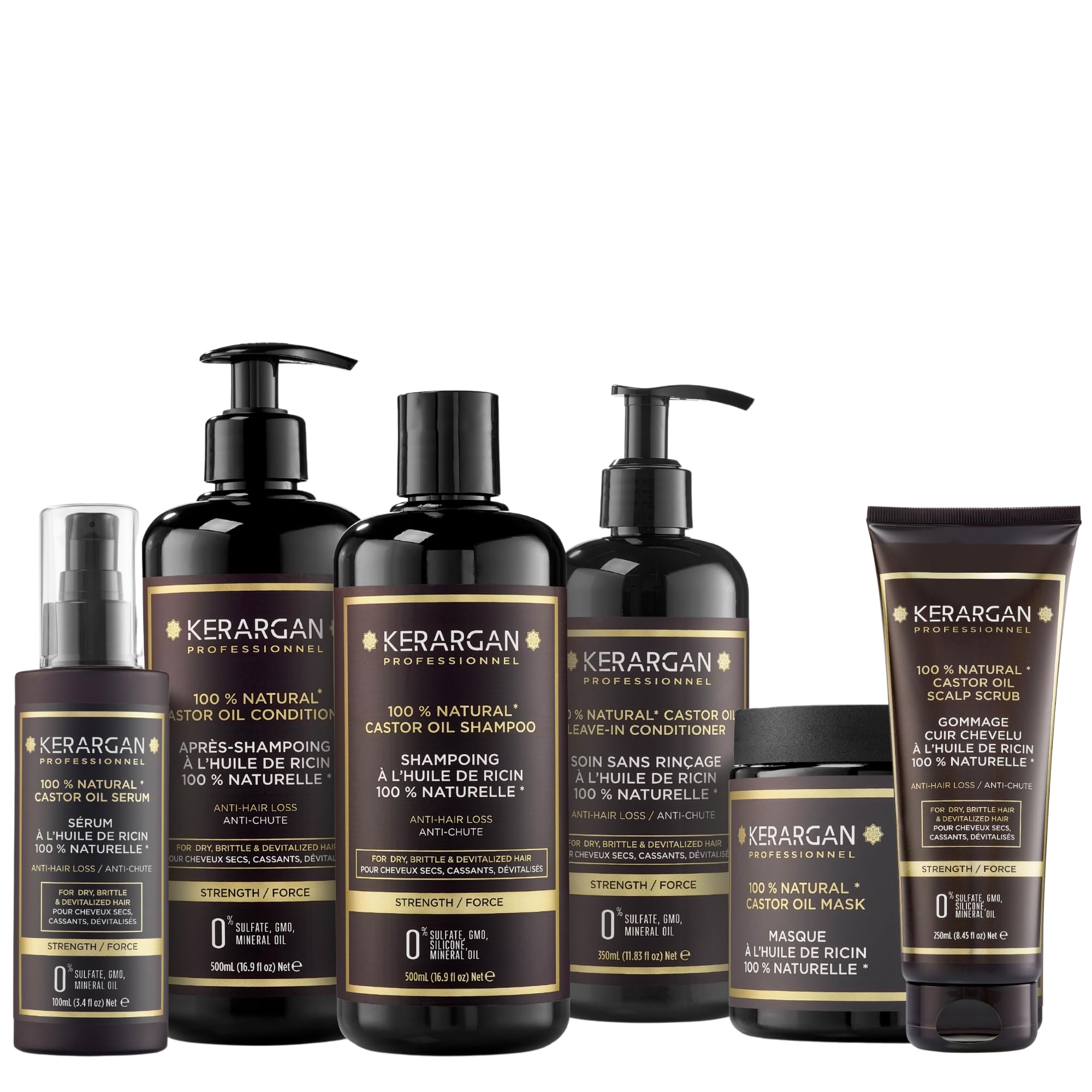 KERARGAN - Routine Ricin 6 Soins Anti-Chute - 3x500ml+100ml+350ml+250ml | Shampoing, après-shampoing, masque, sérum, soin sans rinçage et gommage, routine anti-chute complète