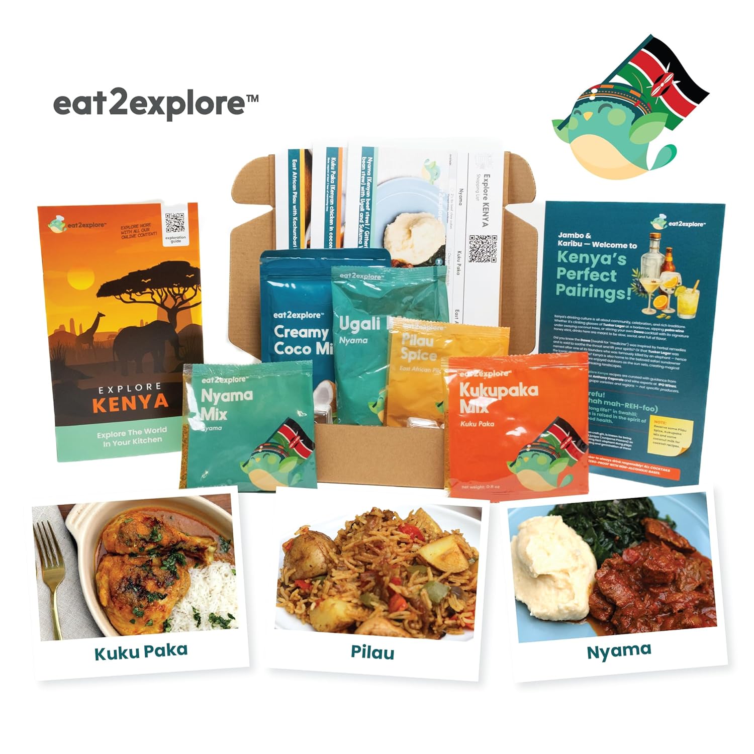eat2explore Adult Global Cooking Kit - Authentic Recipes, Essential Spices & Drink Pairings Perfect for Date Night & Dinner Party Food Kit for Adults (KENYA edition)