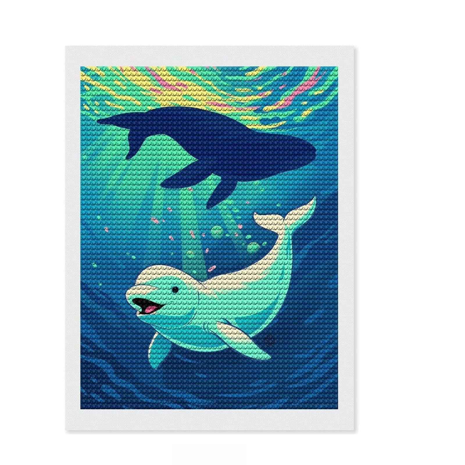 Junmoney Beluga & Whale, an Ocean Light Dance Diamond Art Canvas 12"x16", Sparkling Round Gems, Neat Printed Canvas, with Tool Kit, Office Decor, Printed Canvas