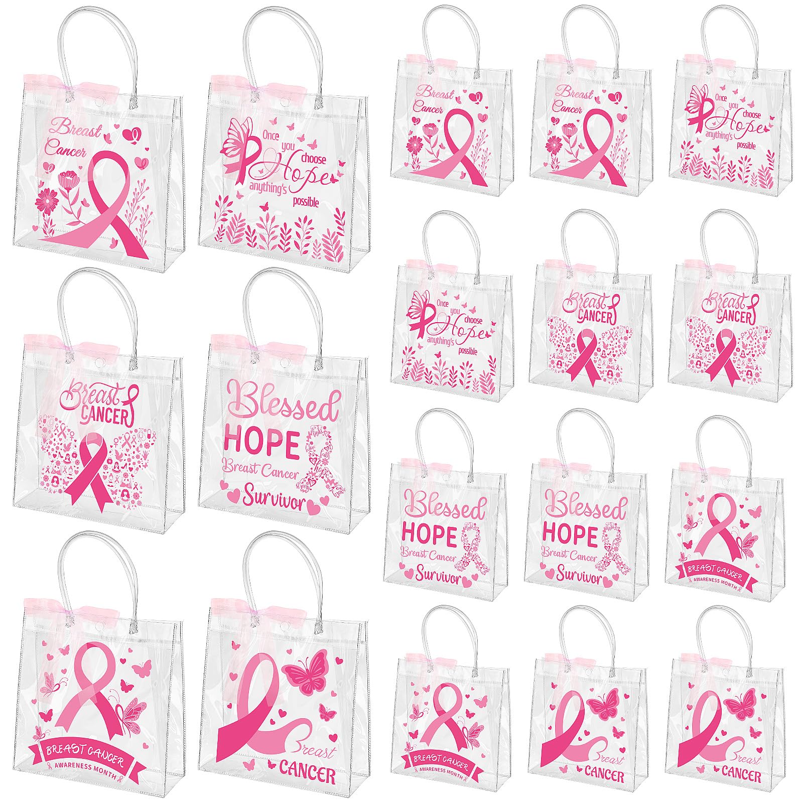 DTOFOOT 18Pcs Breast Cancer Awareness Clear Gift Bags With Handles - Pink Ribbon Bow PVC Reusable Bags for Women, Nurse, Survivor Party