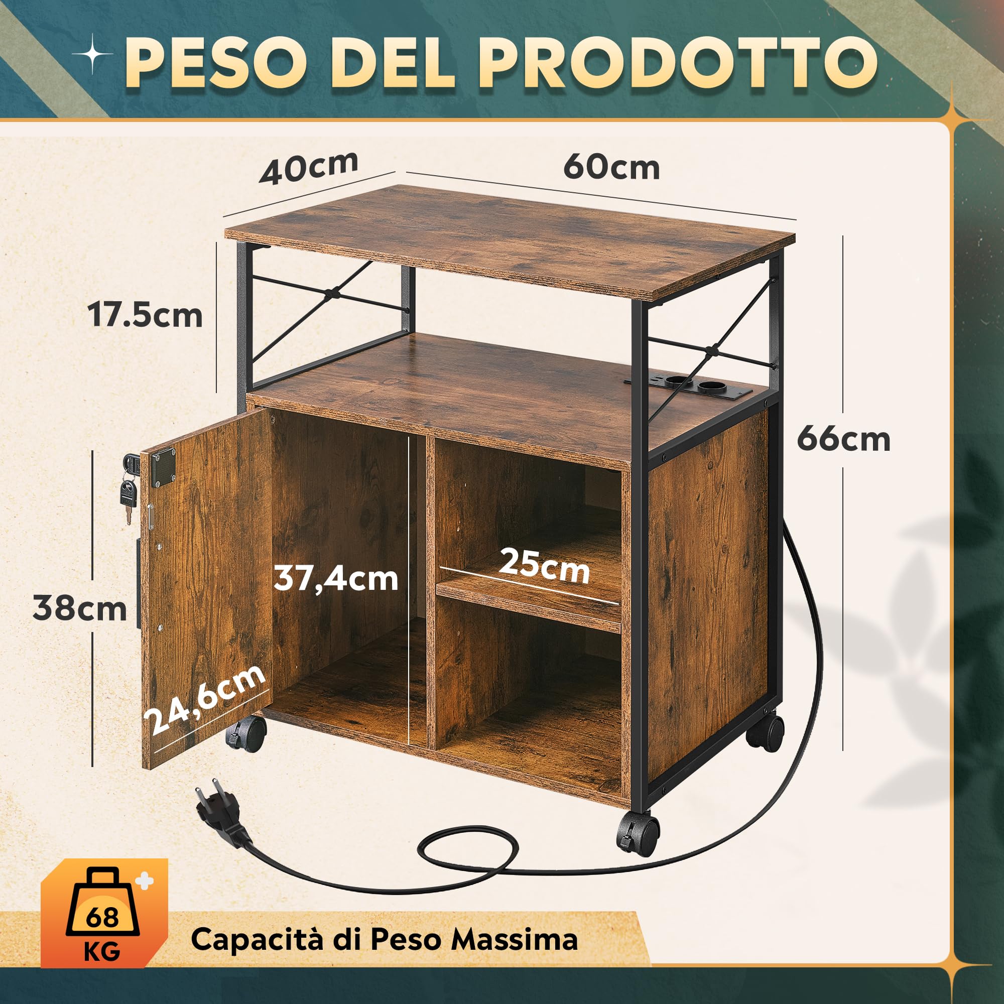 DEVAISE Mobile Portadocumenti per Ufficio con Stazione Ricarica, Supporto Stampante e Archiviatore Bloccabile, Mobile Ufficio Professionale per Cartelle A4, Marrone Rustico