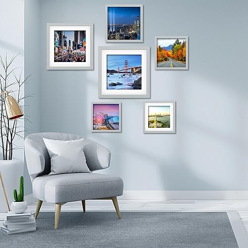 Vista 60 de Marco de fotos de madera de 9 x 9 pulgadas para colgar en la pared o en la mesa, marcos de fotos cuadrados con 1 paspartú de 7 x 7 pulgadas