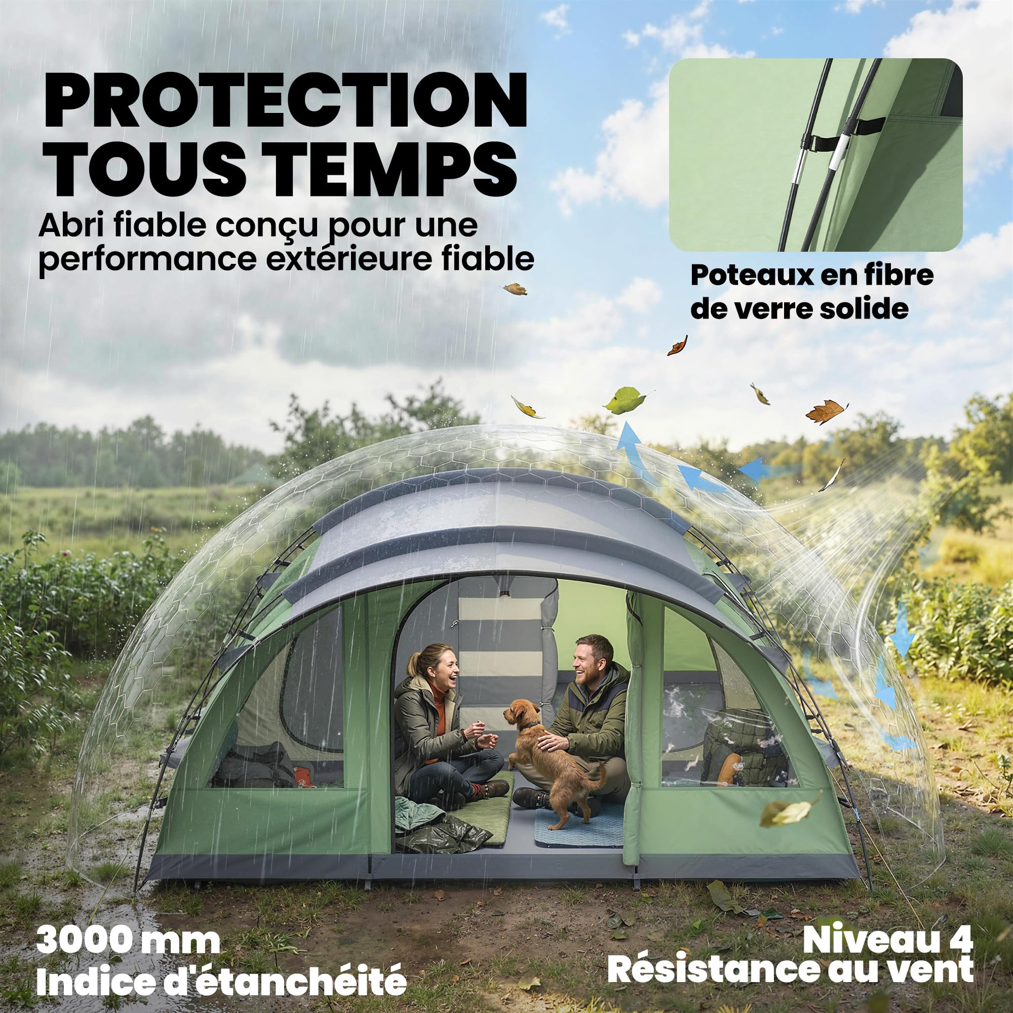 Outsunny Tente de Camping pour 5 Personnes, Tente Tunnel familiale légère ventilée étanche 3 000 mm Montage Facile, 4 fenêtres et Porche, Sac de Transport, pour randonnée Trekking pêche, Vert