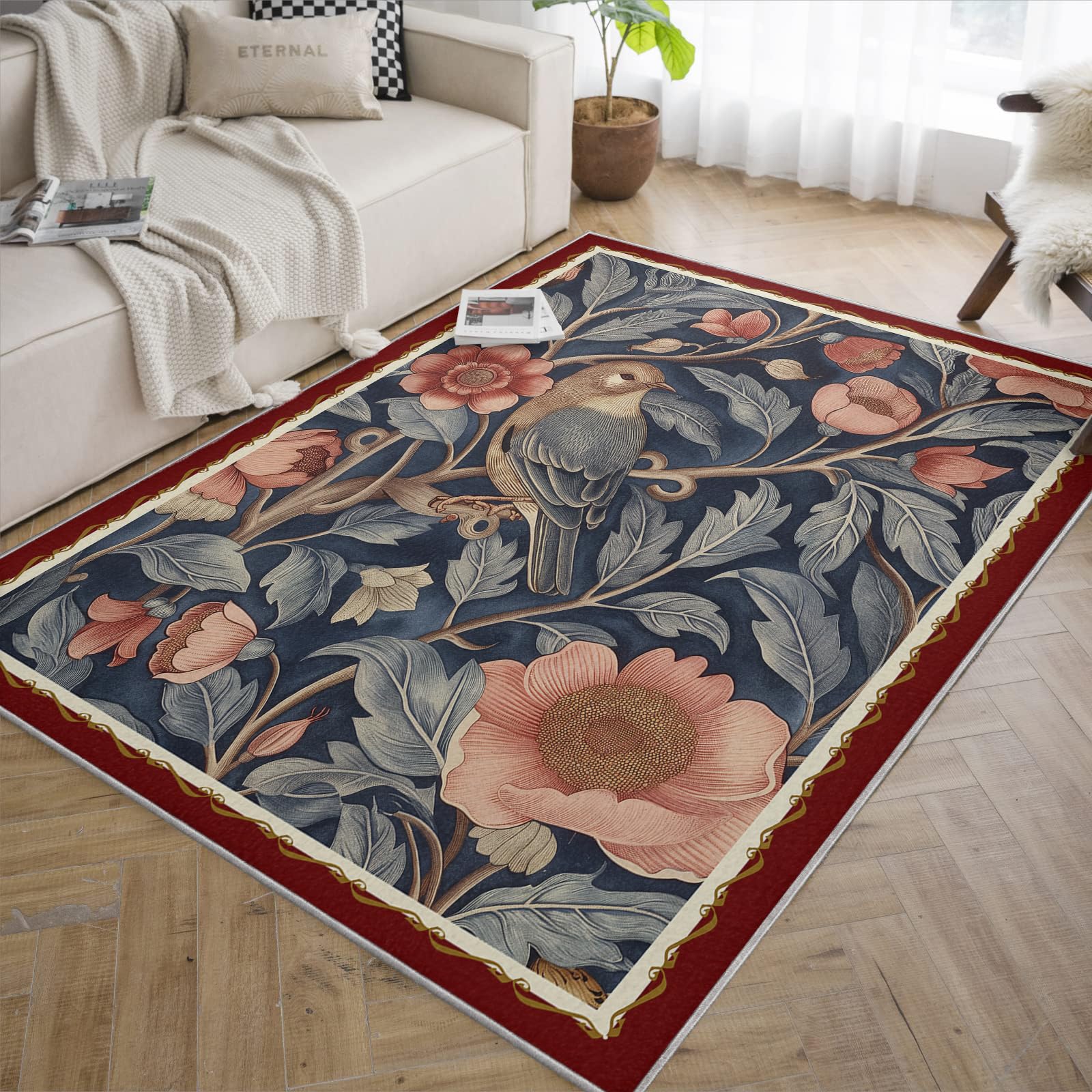 Tapis antidérapant et lavable grand format 180x240 au motif oiseau fleuri