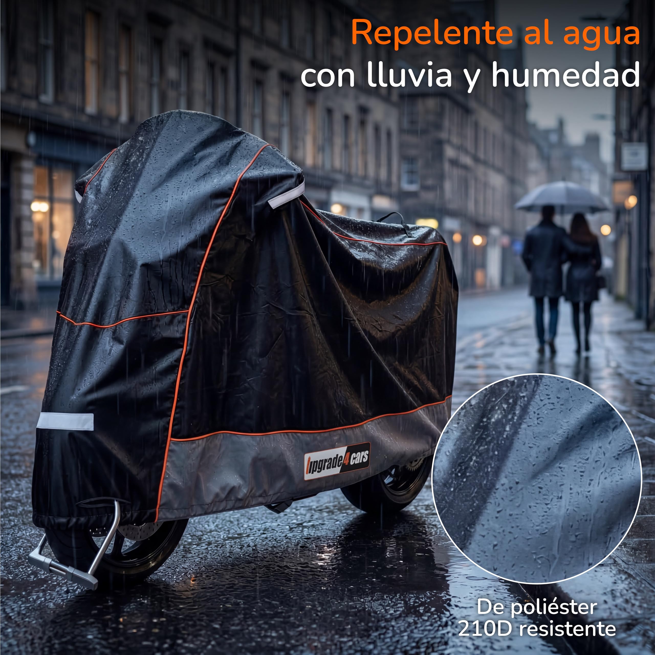 Upgrade4cars Funda para Moto Exterior Impermeable y con Candado | Garaje Universal Moto Resistente al Invierno 210D Poliéster Negro | Cubierta Scooter Tamaño L 245x105x125 cm - 4