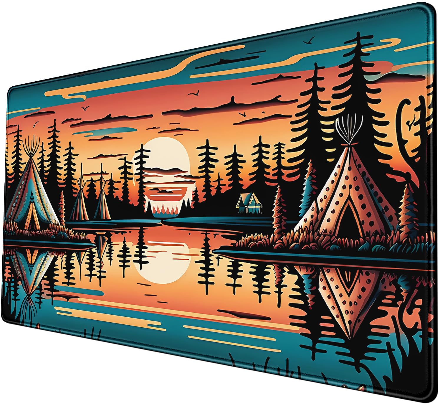 Nasdalgias Native American Teepee Village Sunset Sunrise Water Desk Mat Desk Pad XXL Mouse Pad, Aesthetic Desk Mat