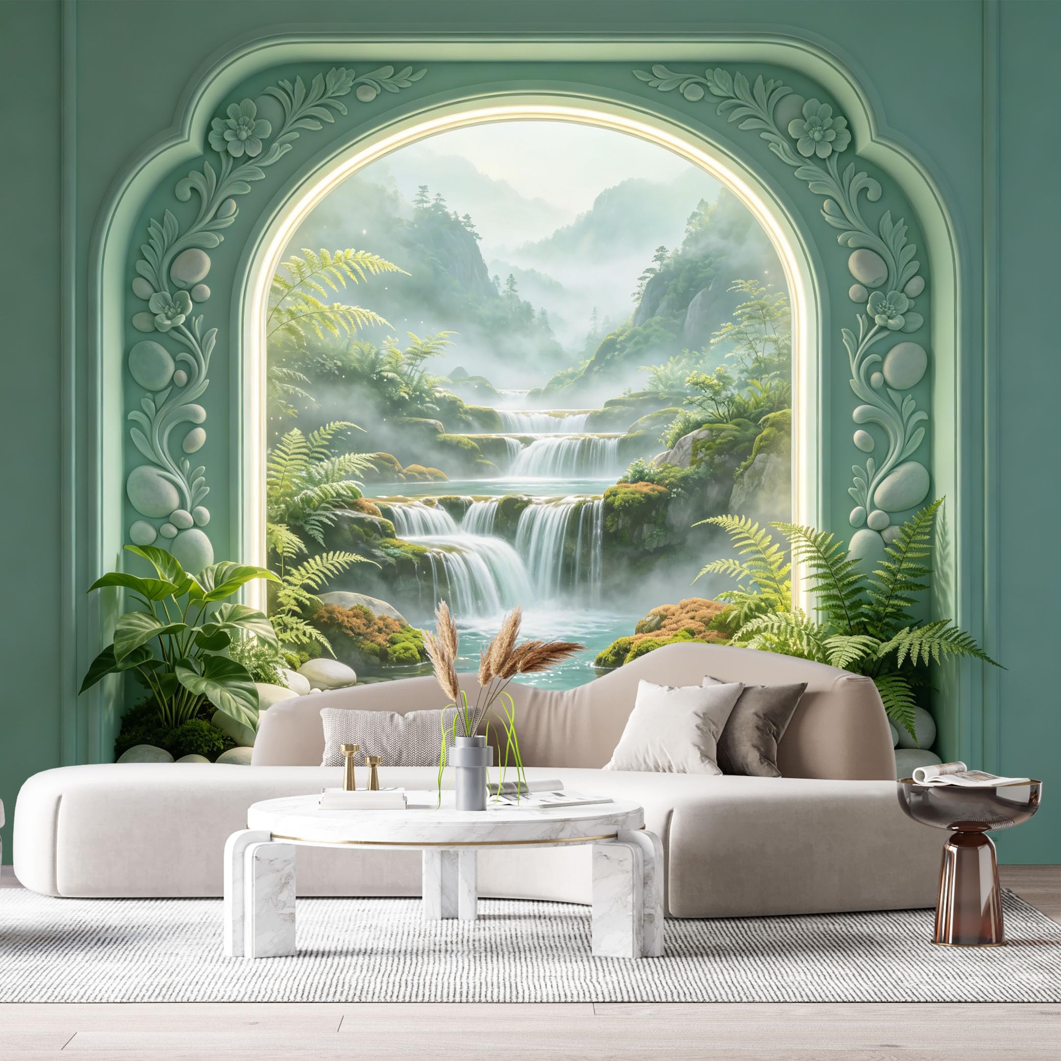 Custom Size Wall Murals Waterfall Misty Mountain Landscape 3D Trompe L'Oeil SelfAdhesiveWall Fabric Removable Wallpaper Wall Decor for Living Room Bedroom Bathroom