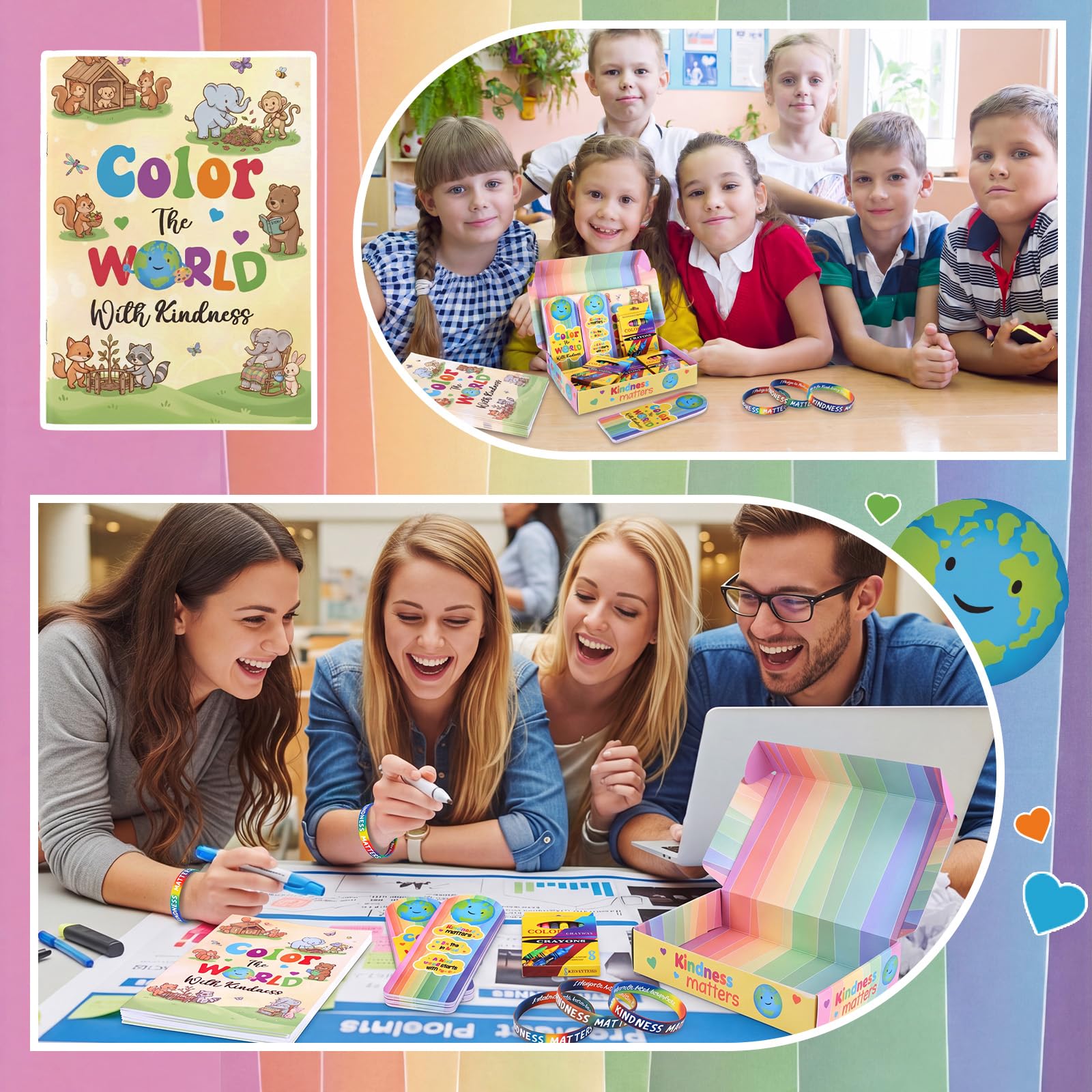 Woanger 133 pezzi Colora il mondo con gentilezza Articoli assortiti Bulk 12 Be Kind Attività Libro 12 Segnalibro 96 Pastello 12 Braccialetto 1 Confezione Regalo per Scuola Comunità Mondiale Settimana