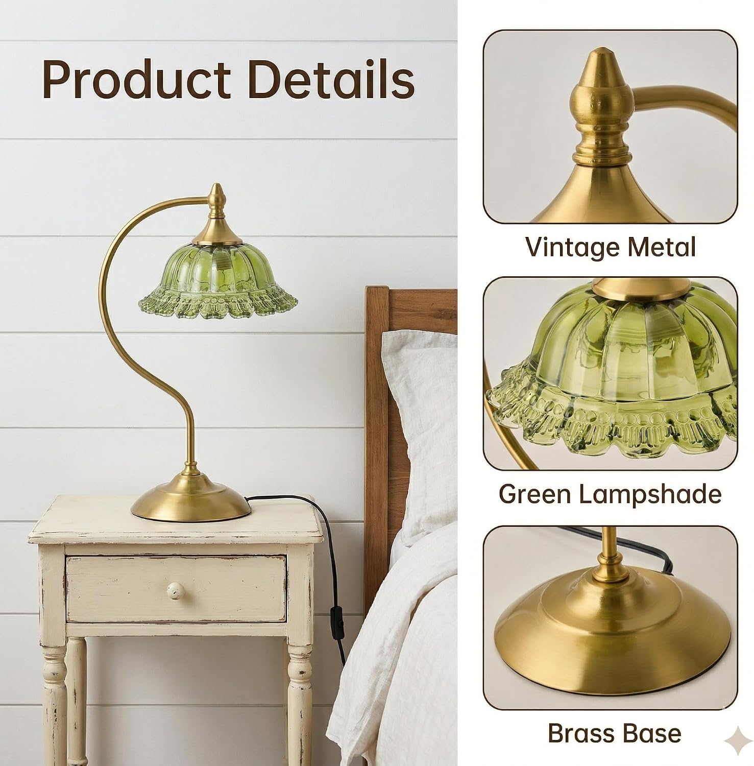 Green Table Lamp for Living Room Vintage Lamp Glass Flower Lamp Vintage Desk lamp