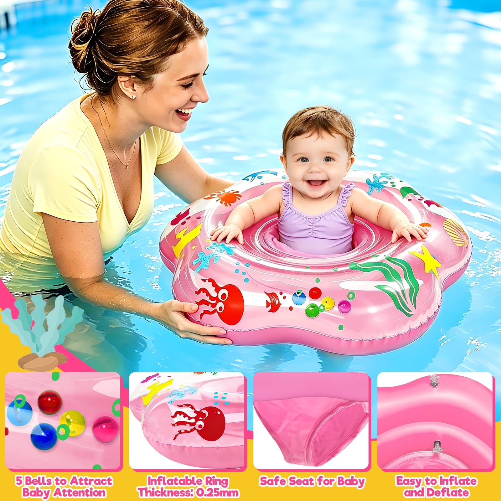 Extra großer 65 cm großer Baby-Pool-Schwimmer mit doppeltem Airbag und Sicherheitssitz, aufblasbarer Schwimmring für 6–36 Monate Kleinkinder, verbesserter Durchmesser verbessert die Stabilität im Pool
