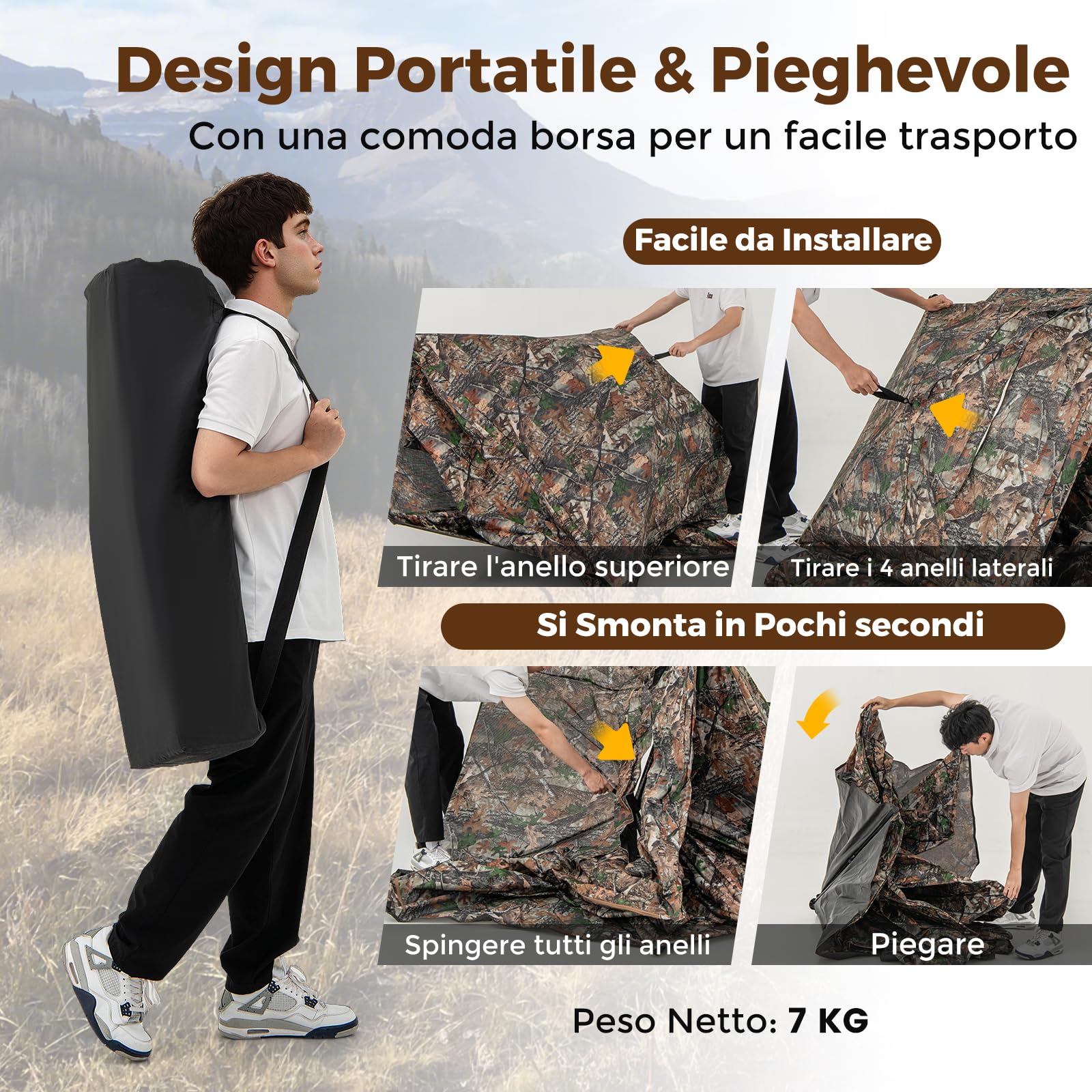 GYMAX Tenda da Caccia 2 in 1, Tenda da Caccia per 2-3 Persone, Tenda da Caccia Trasparente a 360° con Borsa da Trasporto e Porta Completamente Apribile, Tenda Mimetica Pieghevole