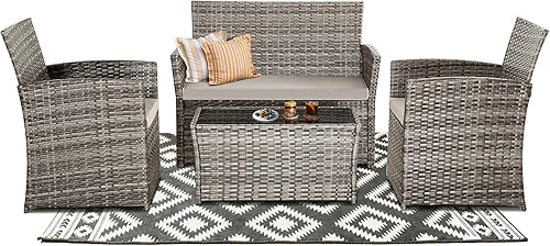 Miniatura 8 de Seogwisam Juego de muebles de patio de 4 piezas, juegos de conversación de mimbre para exteriores, sofá seccional de ratán con mesa de café, cojines