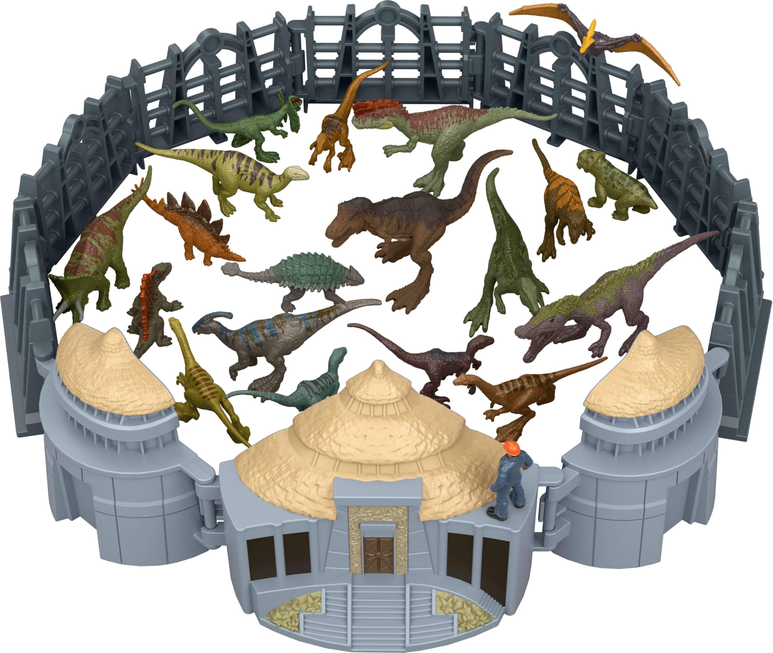 Mattel Jurassic World Minis Wyspa Dinozaurów Kalendarz adwentowy Zestaw, 24 dni niespodzianek, 19 minidinozaurów, 1 figurka człowieka, 4 akcesoria, figurki zabawki dla dzieci 4+, JLD23