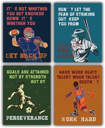 Póster de frases de motivación con temática retro para deportes, con cita inspiradora, impresión artística, juego de 4 (8.0 x 10.0in, sin marco)
