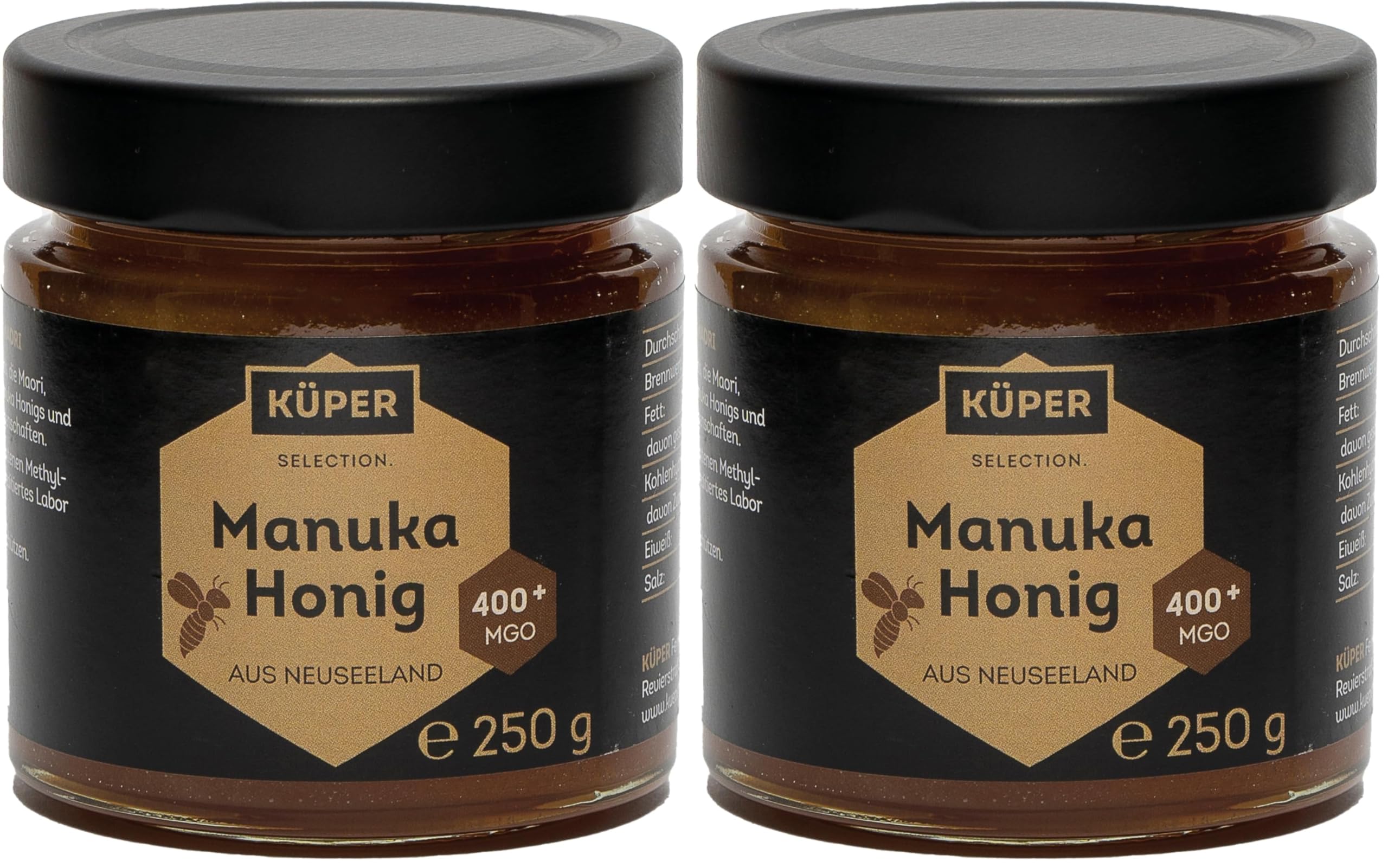 KÜPER SELECTION Manuka Honig 250g – Rohhonig mit 400+ MGO – natürliches Süßungsmittel aus Neuseeland als Brotaufstrich oder zu Tee, Joghurt & Pancakes (Packung mit 2)