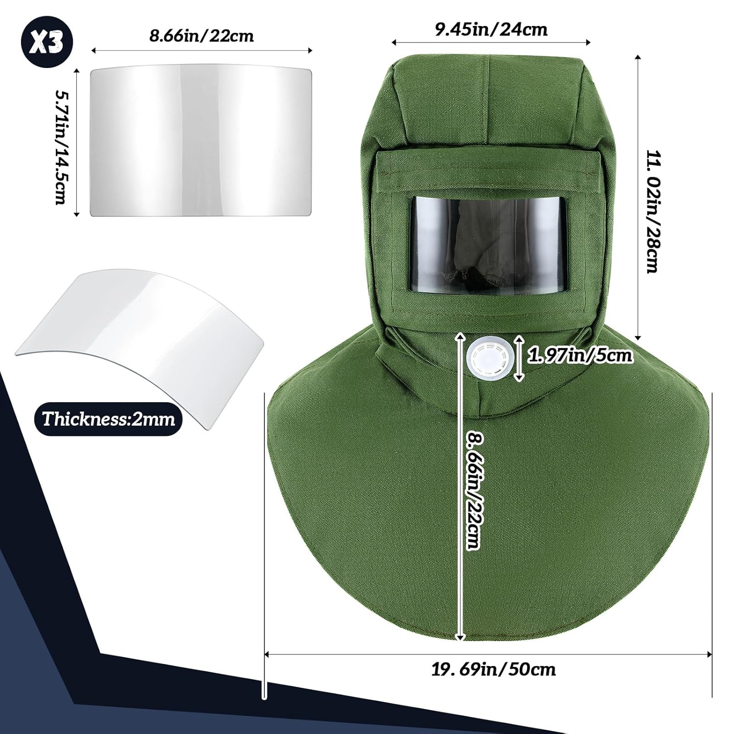 Jecery 4 Pack Sand Blasting Hood Mask with Replacement PC Lens Canvas Shawl Cap for Polishing Painting Dusting Grinding (Short,Green)